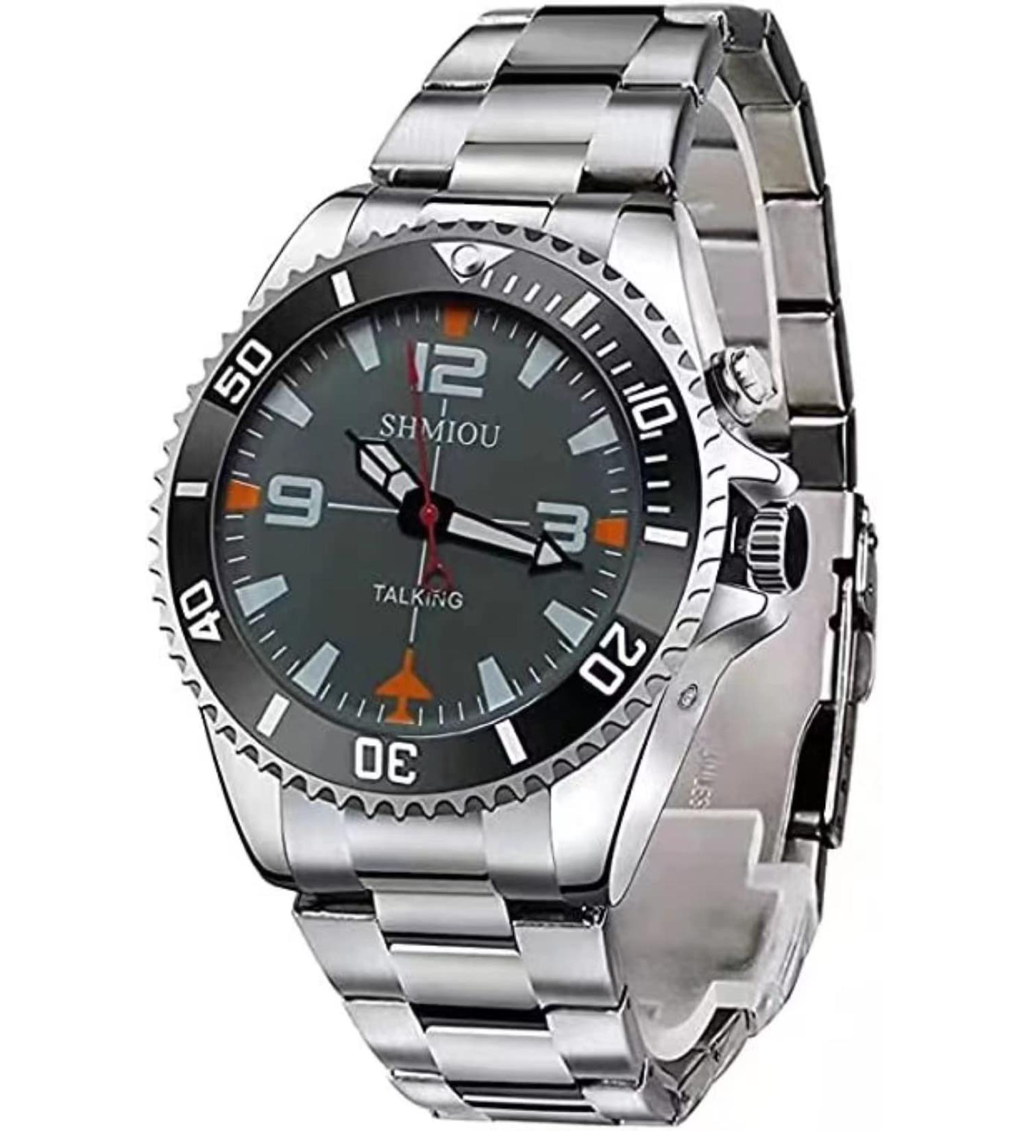 SHMIOU English Talking Watch for Blind Visually Impaired Elderly - Stainless Band Quartz Alarm, Black Dial Silver Frame - Buy Online on GoSupps.com