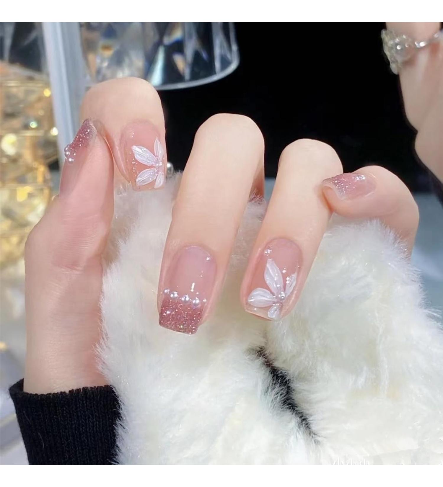 24Pcs/Set Press On Nails Pink Camellia Pearl Short Nail Patch Fairy Nail False Nails Acrylic Fake Nails Full Cover Nails Tips Artificial Finger Manicure Press on nails for Women and Girls - Buy Online on GoSupps.com