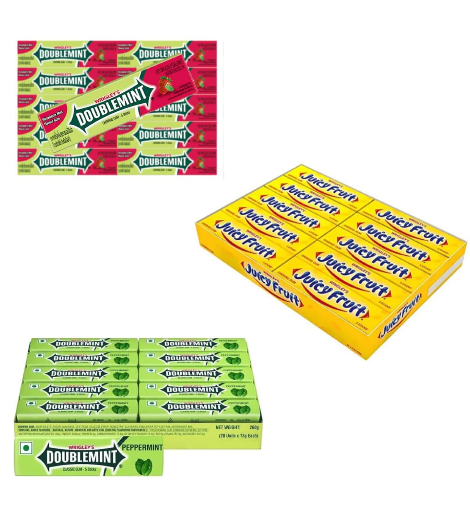 WRIGLEY'S JUICY FRUIT/DOUBLE MINT Peppermint/DOUBLE MINT Strawberry Mint Chewing Gum (3 Pack Variety Bundle) 60 Packets Total - Buy Online on GoSupps.com