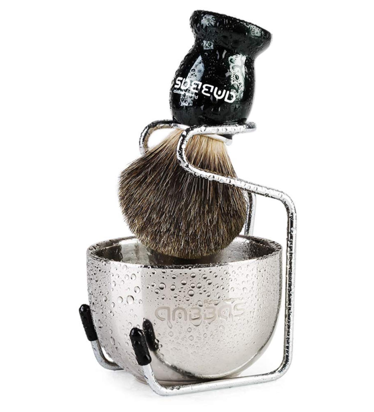 Anbbas Black 3pcs Pure Badger Hair Shaving Set with Wooden Handle and Stand - Buy Online on GoSupps.com