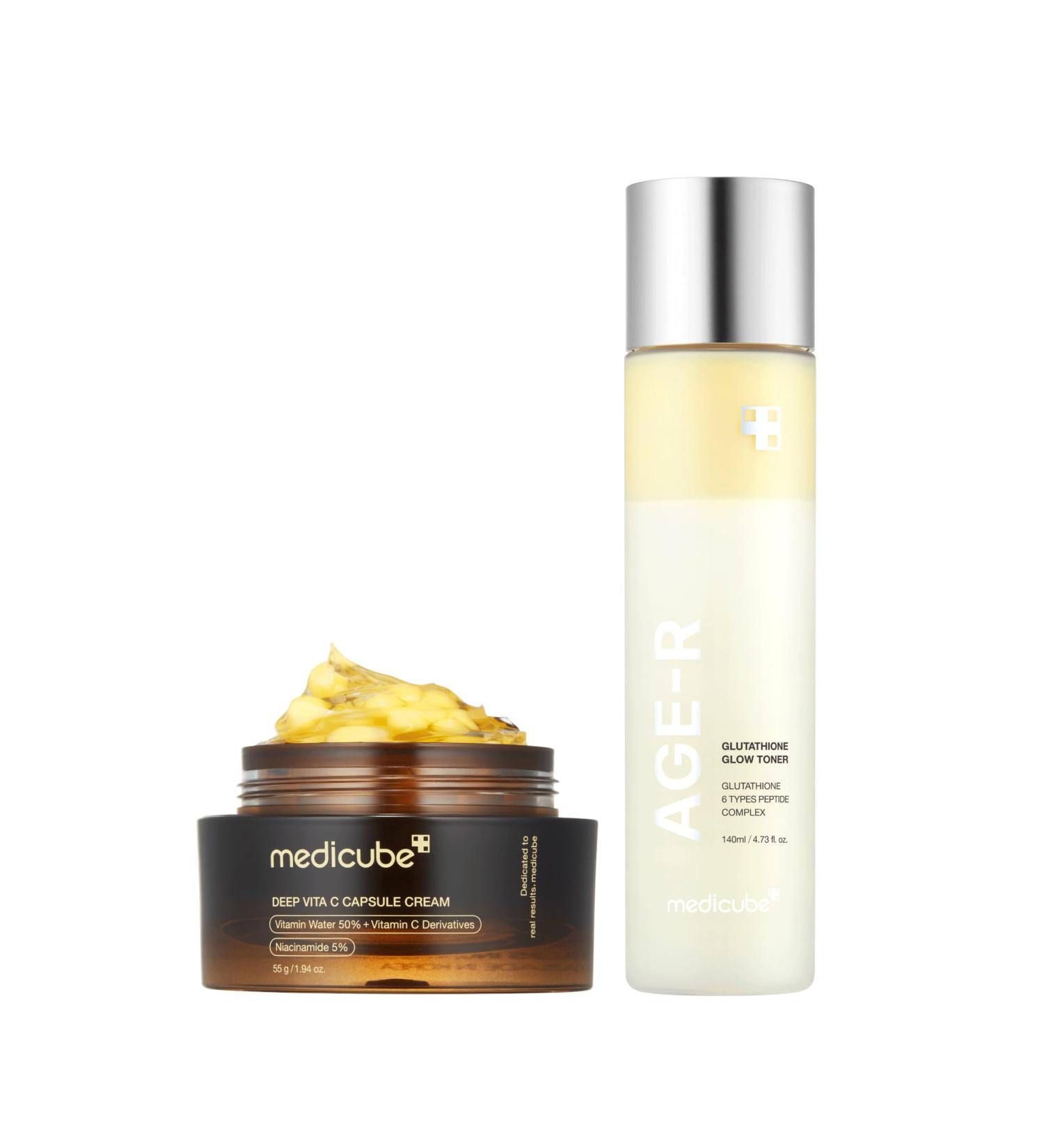 medicube All Over Glow Skin Duo: Deep Vitamin C Golden Capsule Face Moisturizer and Age-R Glutathione Glow Milky Toner - Buy Online on GoSupps.com