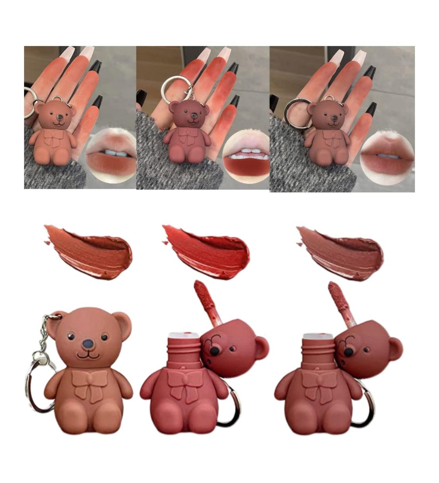 3Pcs Keychain Bear Lipsticks - Cute 2 in 1 Matte Velvet Lipgloss Set for Long-Lasting Moisturizing Lip Color - Waterproof Beauty Makeup with Keychain - (01+02+06) - Buy Online on GoSupps.com