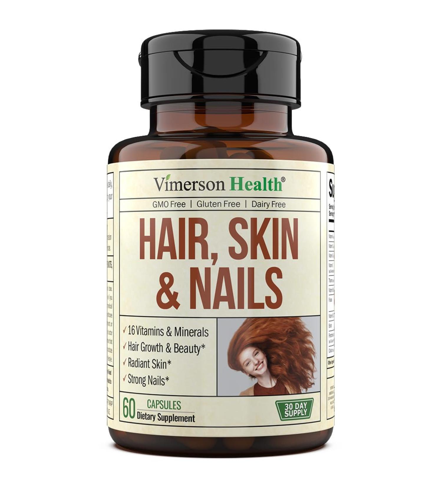 Biotin Hair Skin & Nails Vitamin Supplement for Women & Men - 16 Vitamins Formula with Vitamin C for Collagen Support - Boost Hair Growth, Radiant Skin & Strong Nails - 60 Capsules, Made in USA - Buy Online on GoSupps.com