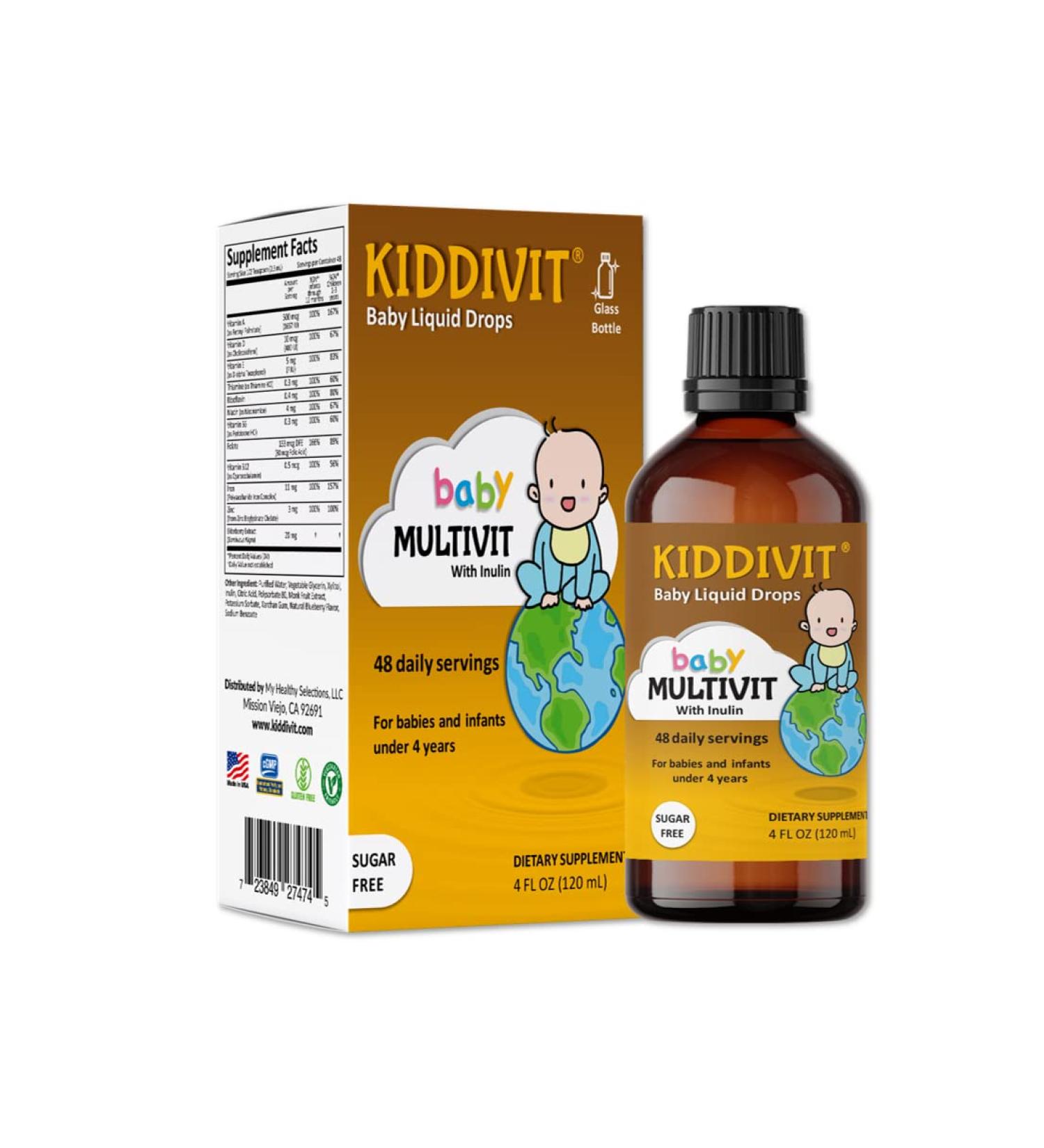 Kiddivit Baby Multivitamin Liquid Drops - 48 Daily Servings 4 Fl Oz - Glass Bottle - Sugar Free, Gluten Free, Vegetarian Friendly - Buy Online on GoSupps.com