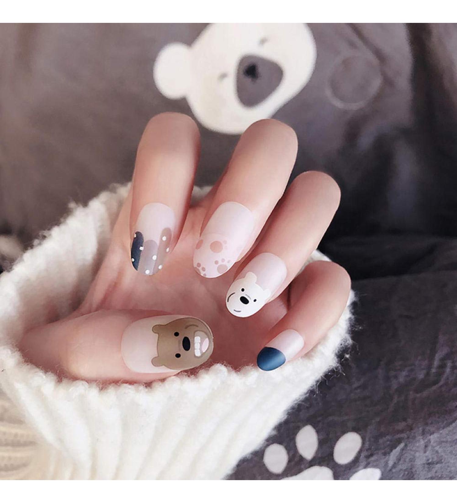 Shop Hujl Cute Bear-Shaped Artificial Nails - Yellow Egg Design Medium Length Round Tips for Girls - Buy Online on GoSupps.com