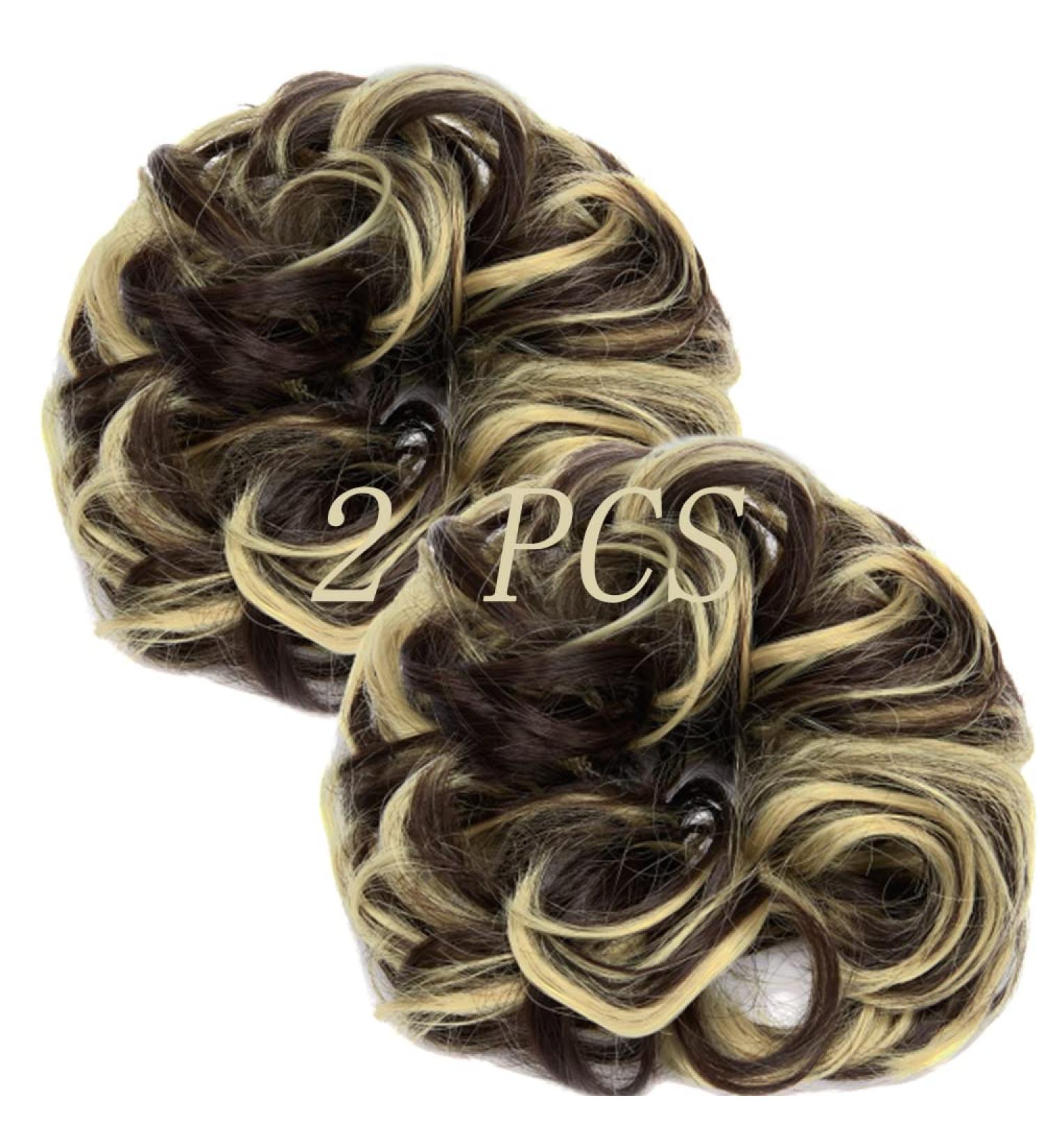 Messy Bun Hair Piece Scrunchies Extension - 2PCS Dark Brown Mix Ash Blonde Updo Hairpieces for Women - Buy Online on GoSupps.com