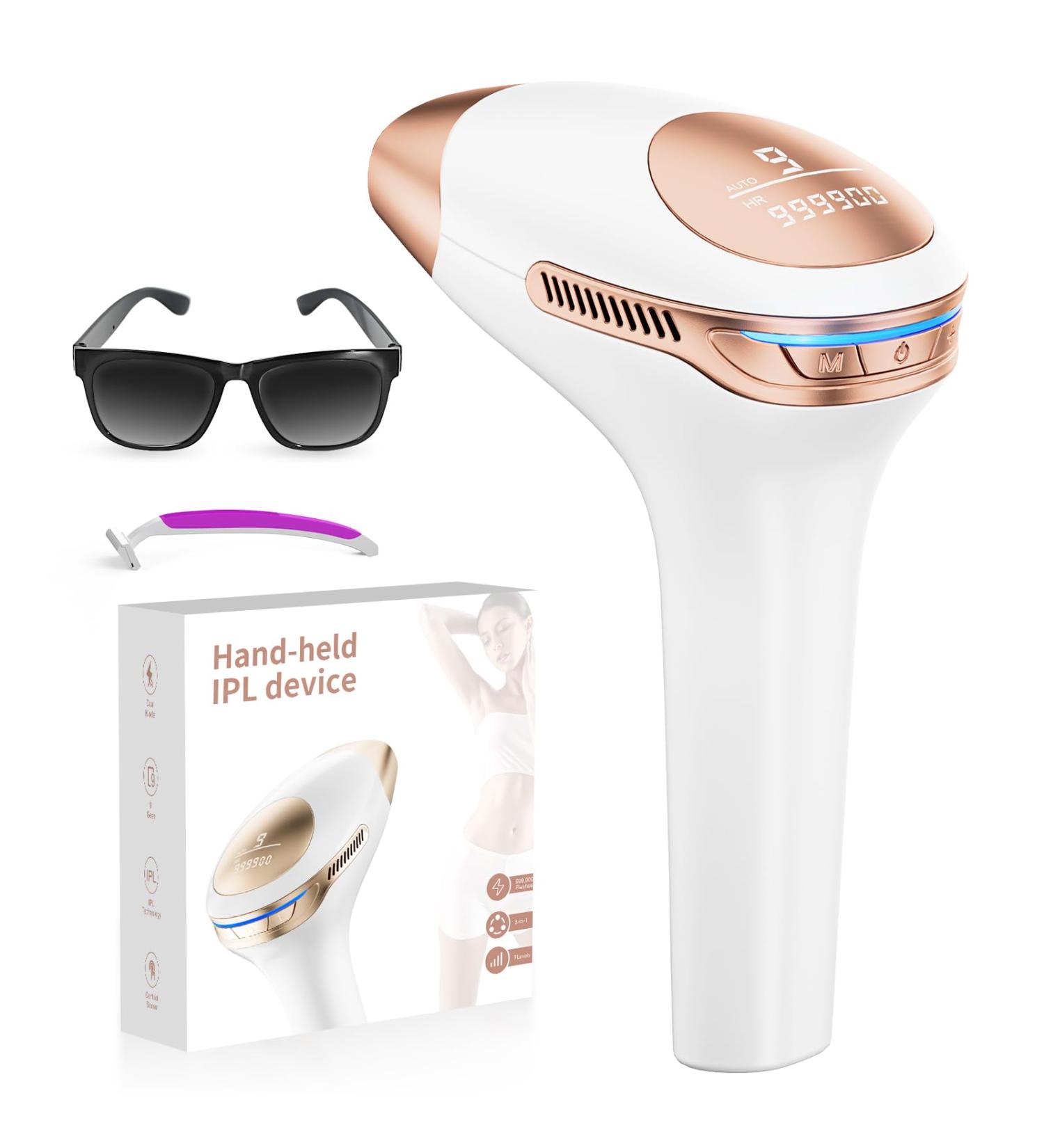 LUBEX 21J Laser Hair Removal Device - 3-in-1 IPL System for Women/Men - 9 Energy Levels - 999,900 Flashes - Perfect Hair Removal for Legs, Bikini, Face - Gold - Buy Online on GoSupps.com