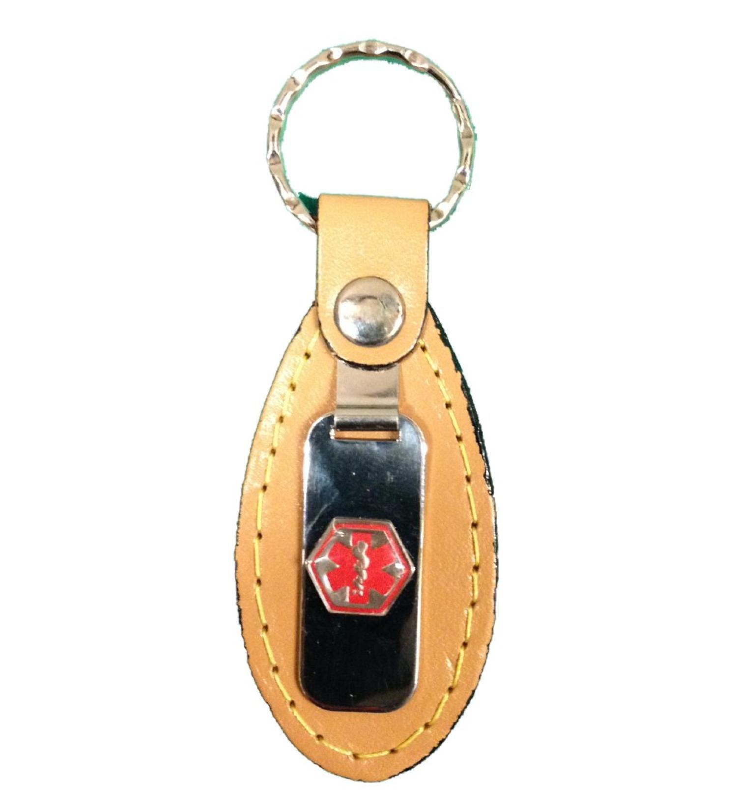 Medical Alert Emergency ID Leather Tab Keychain - "See Wallet Card"