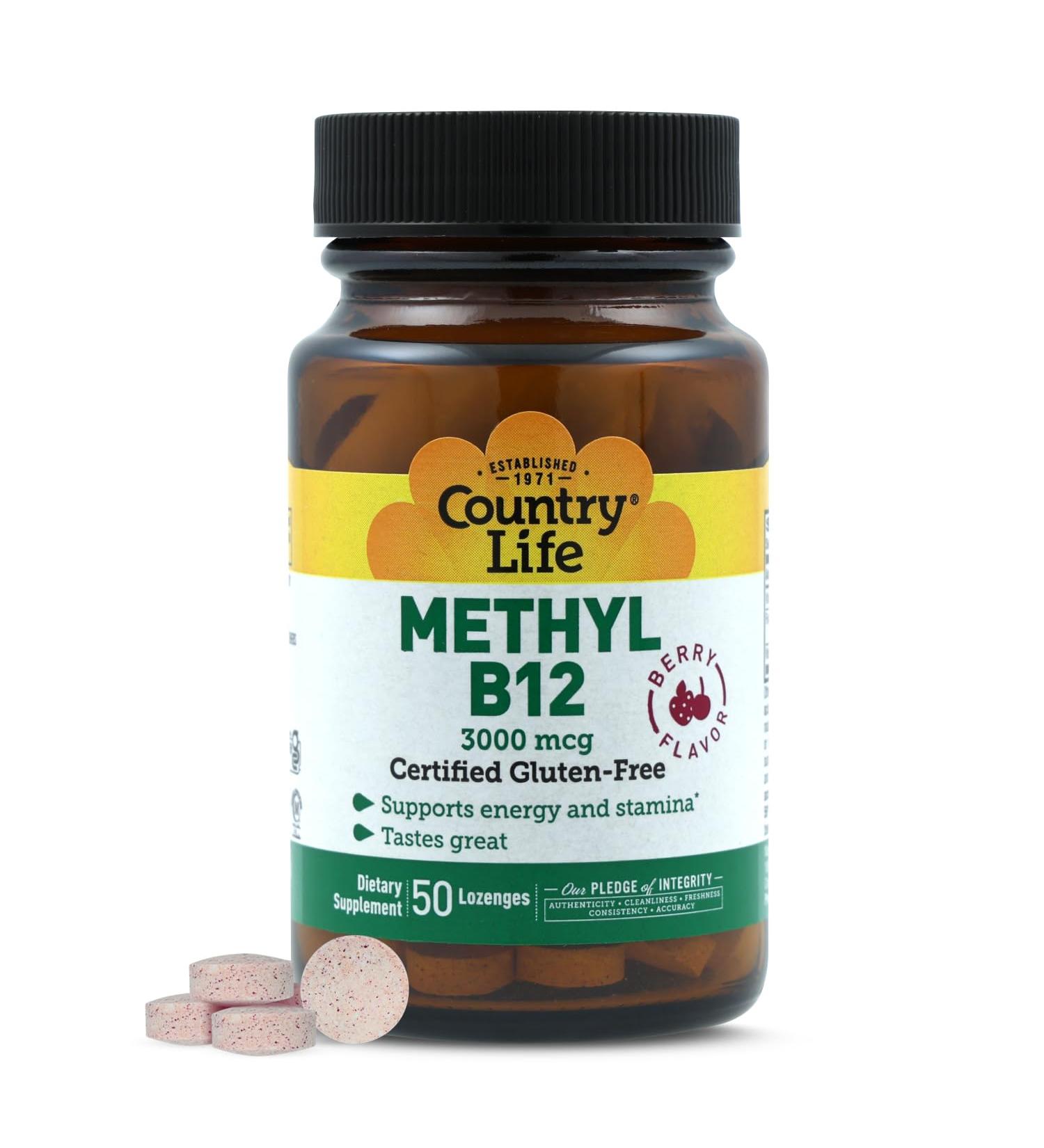 Country Life Methyl B-12 3000 mcg Lozenges Vegan Methylcobalamin for Energy and Easily Absorbed B12 Vitamin Supports Energy Levels Stamina & Metabolism 50 Count - Buy Online on GoSupps.com