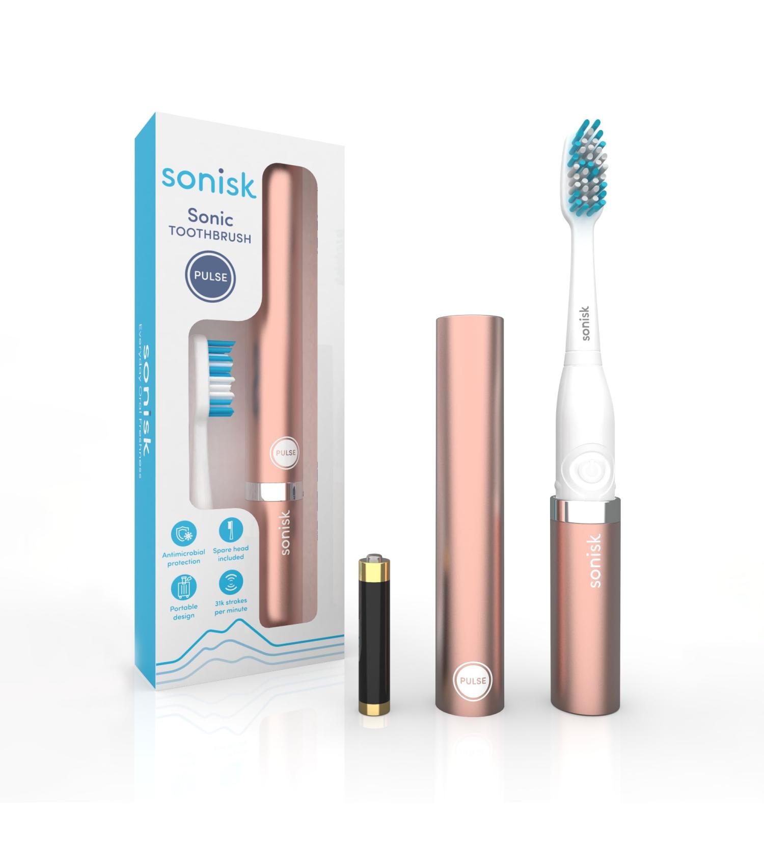 Sonisk Pulse Electric Toothbrush | Sonic Technology | Fast & Portable | Includes 1 Battery 2 Brush Heads & Travel Case | 31 000 Strokes/Minute | Rose Gold  - Buy Online on GoSupps.com