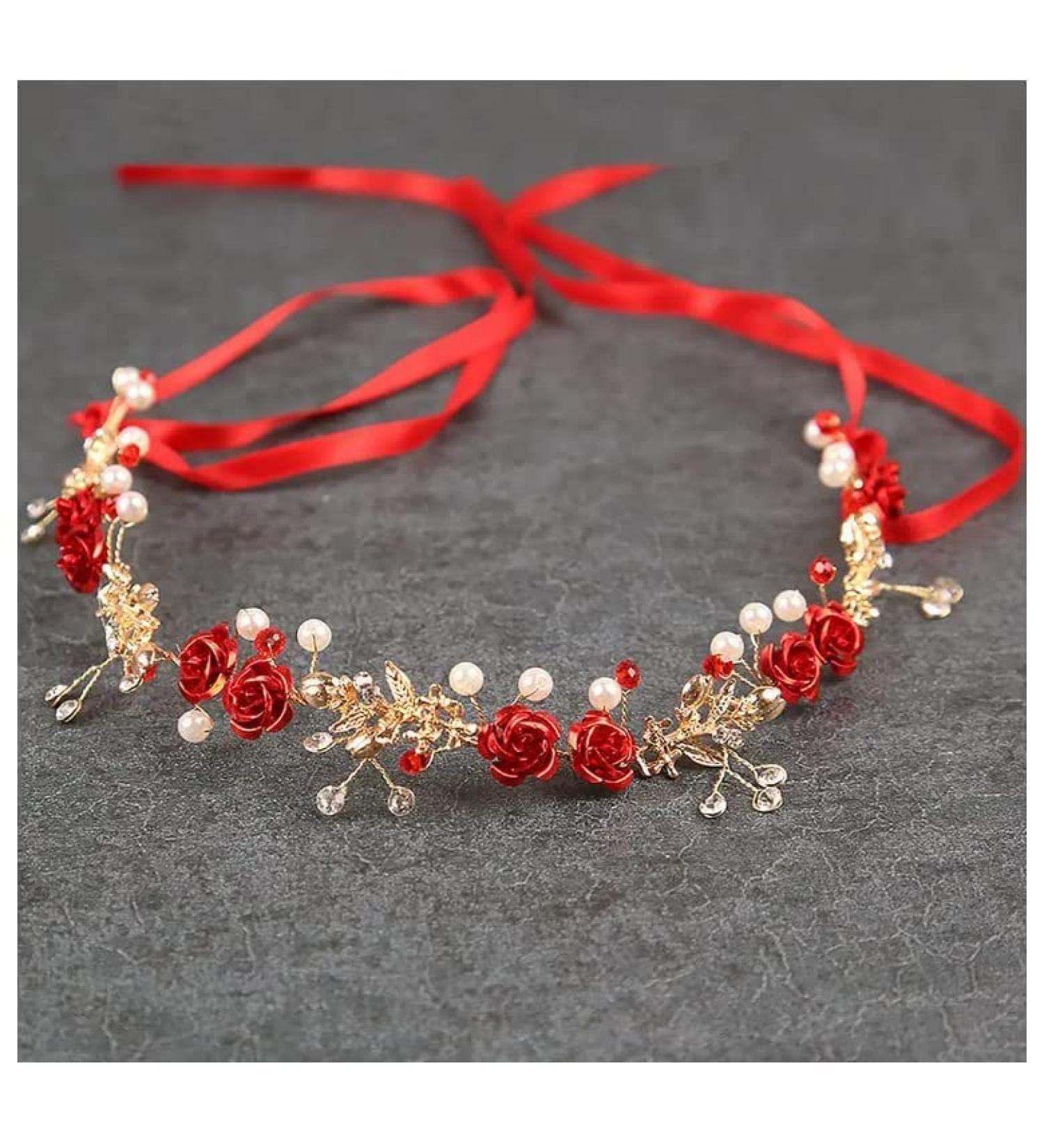 Drokit Red Crystal Flower Tiara Headpiece for Wedding - Elegant Bridal Forehead Accessory - Buy Online on GoSupps.com