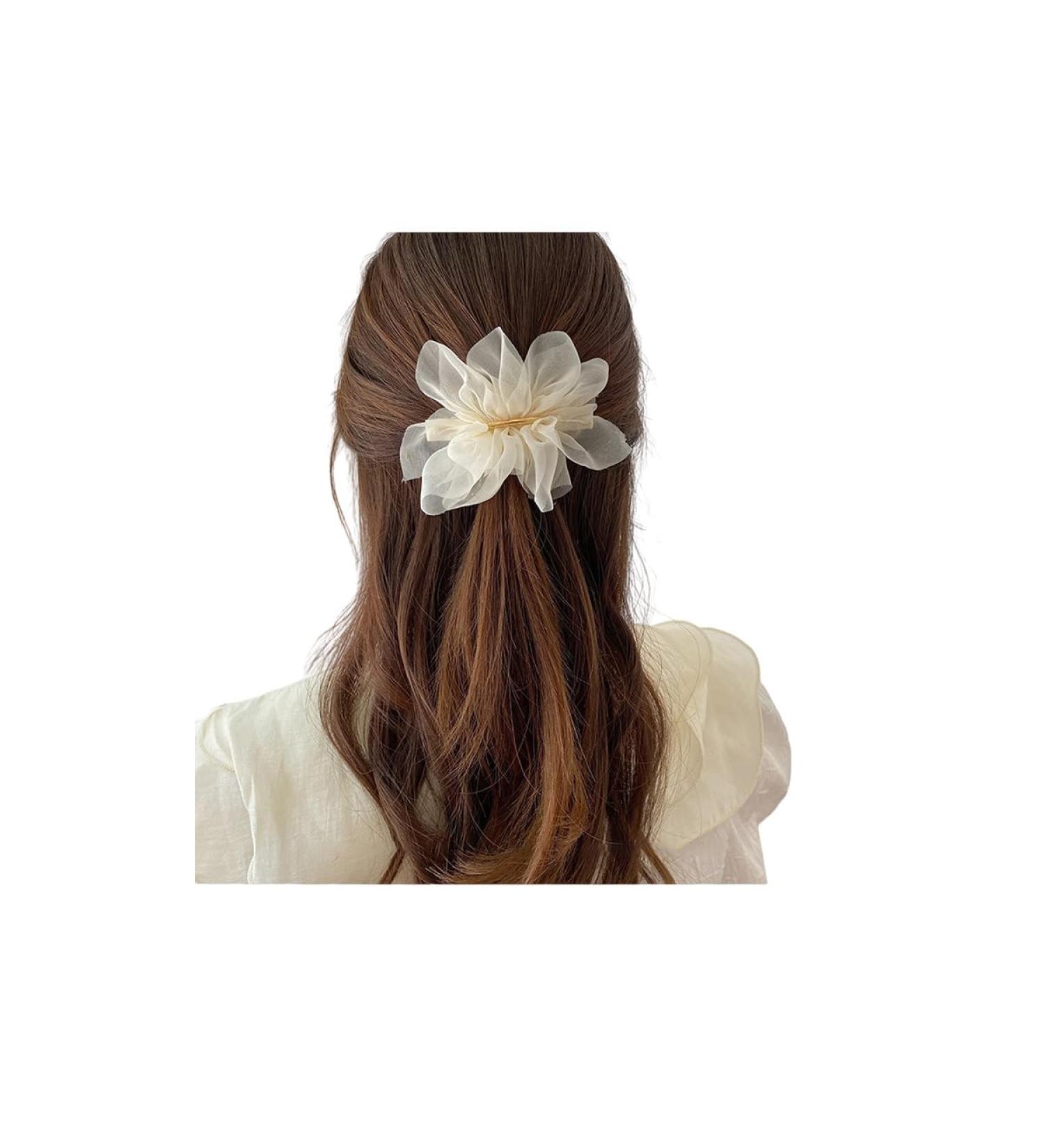 New Super Fairy Temperament Chiffon Flower Hairpin Pink Hair Accessories Ponytail Clip Headdress (Beige) - Buy Online on GoSupps.com