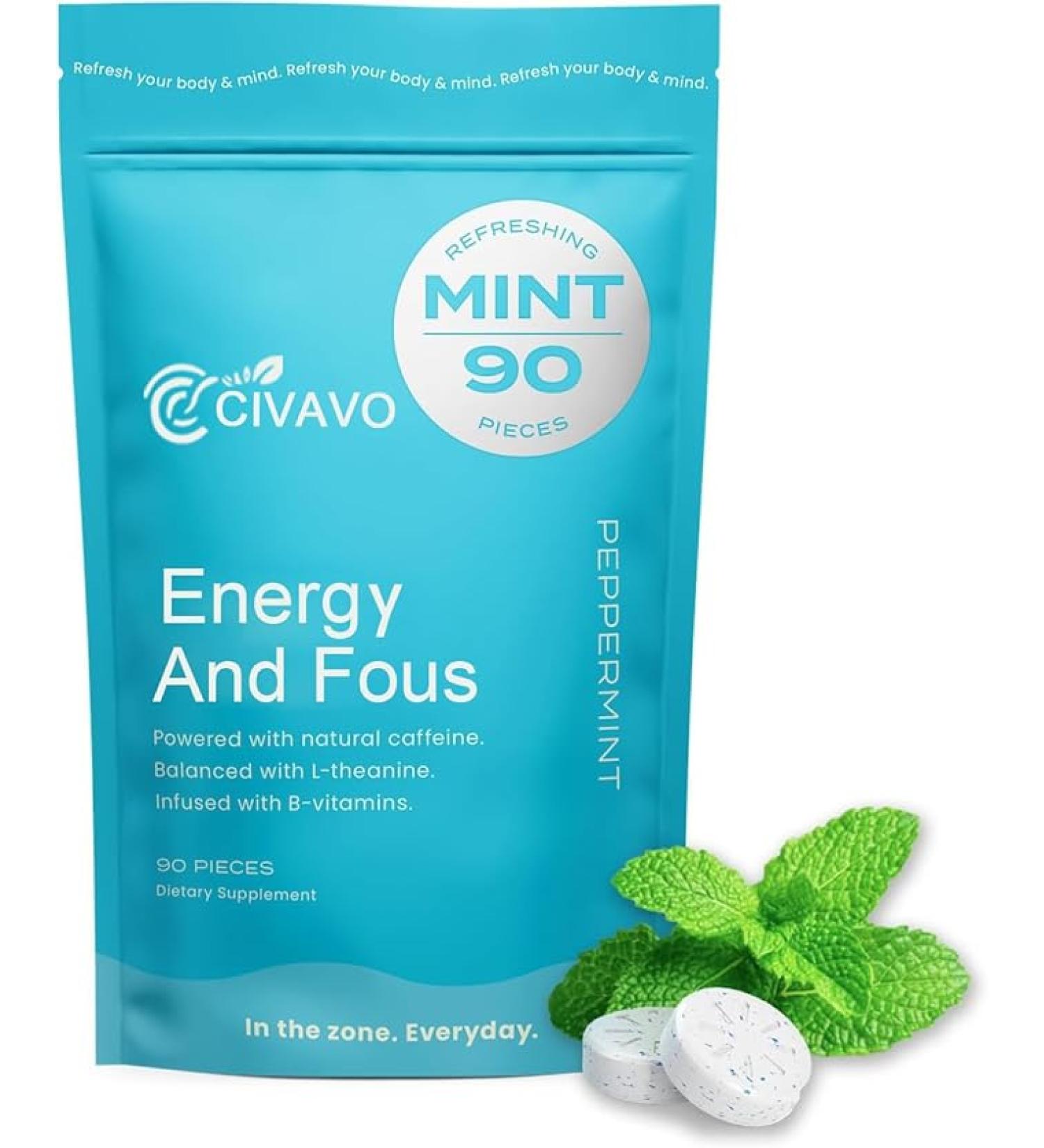 Energy Caffeine Mints Gum with L-Theanine, Caffeine, Vitamin B12 & B6 - Nootropic Supplement for Energy and Focus - Mint Flavor - Vegan & Gluten-Free - (90 Pieces) - Buy Online on GoSupps.com