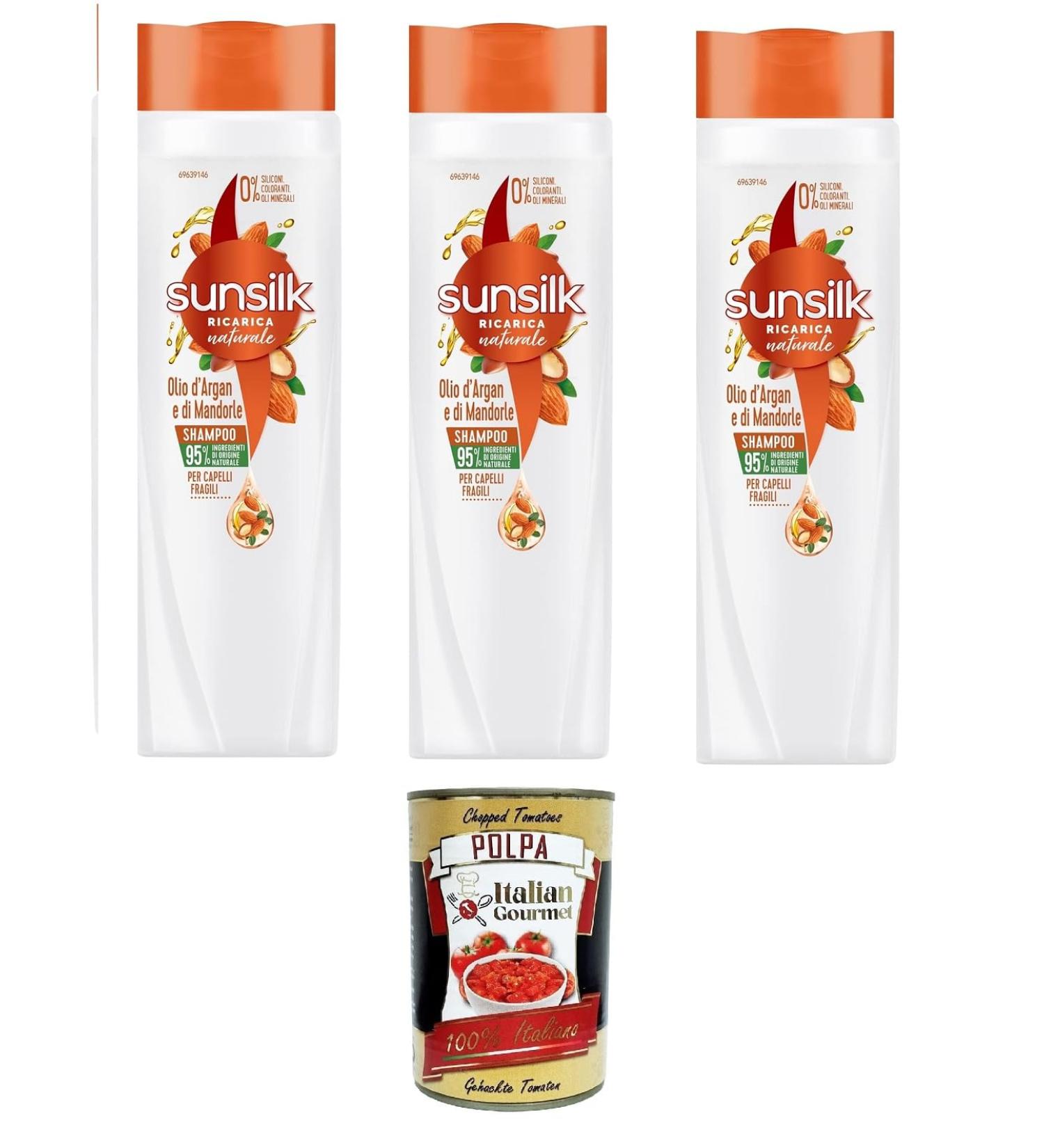  Italian Gourmet E.R. Sunsilk Argan and Almond Oil Shampoo for Brittle and Damaged Hair with Argan Oil and Organic Almond Oil 3 x 250ml + Italian Gourmet Polpa 400g - Buy Online on GoSupps.com