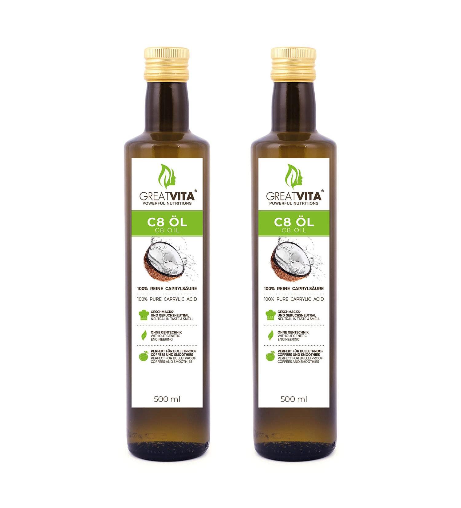 GreatVita C8 Oil 2x500ml | 100% Caprylic Acid MCT Oil | Tasteless Coconut Oil | Premium Quality for International Shipping - Buy Online on GoSupps.com