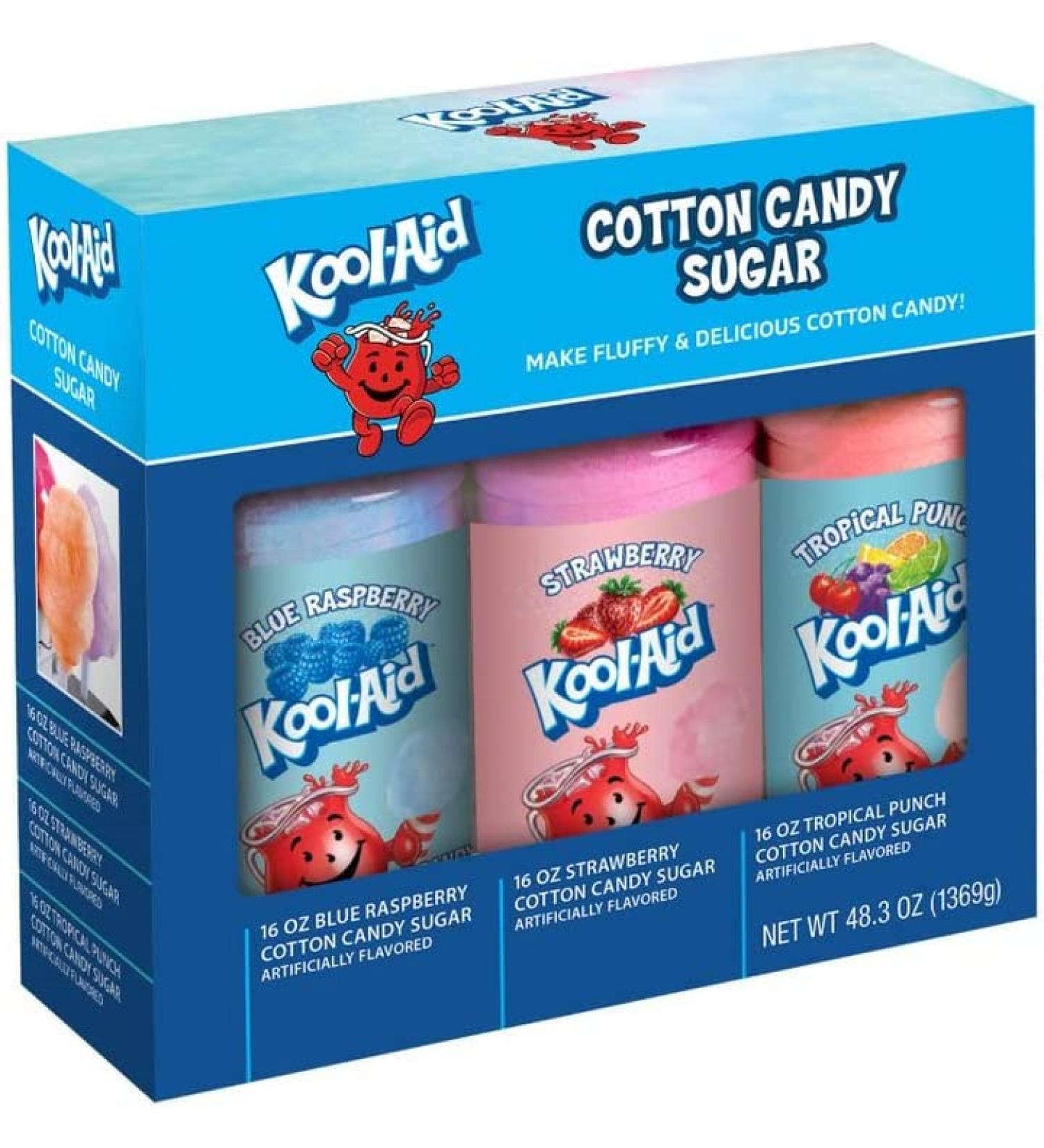 Nostalgia Kool-Aid Flossing Party Kit (3-Pack) | Blue Raspberry  Strawberry  Tropical Punch | 3 16oz Bottles of Cotton Candy Sugar Mix | 96 Small to Medium Cone Servings Kool-Aid Flossing Sugar - Buy Online on GoSupps.com