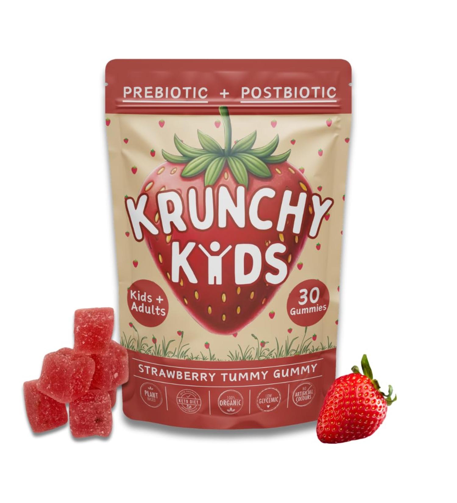 Krunchy Kids Organic Prebiotic & Postbiotic Gummy Vitamin for Kids and Adults Allulose Sugar Free Fermented Strawberry Support Gut Health Dye Free - Buy Online on GoSupps.com