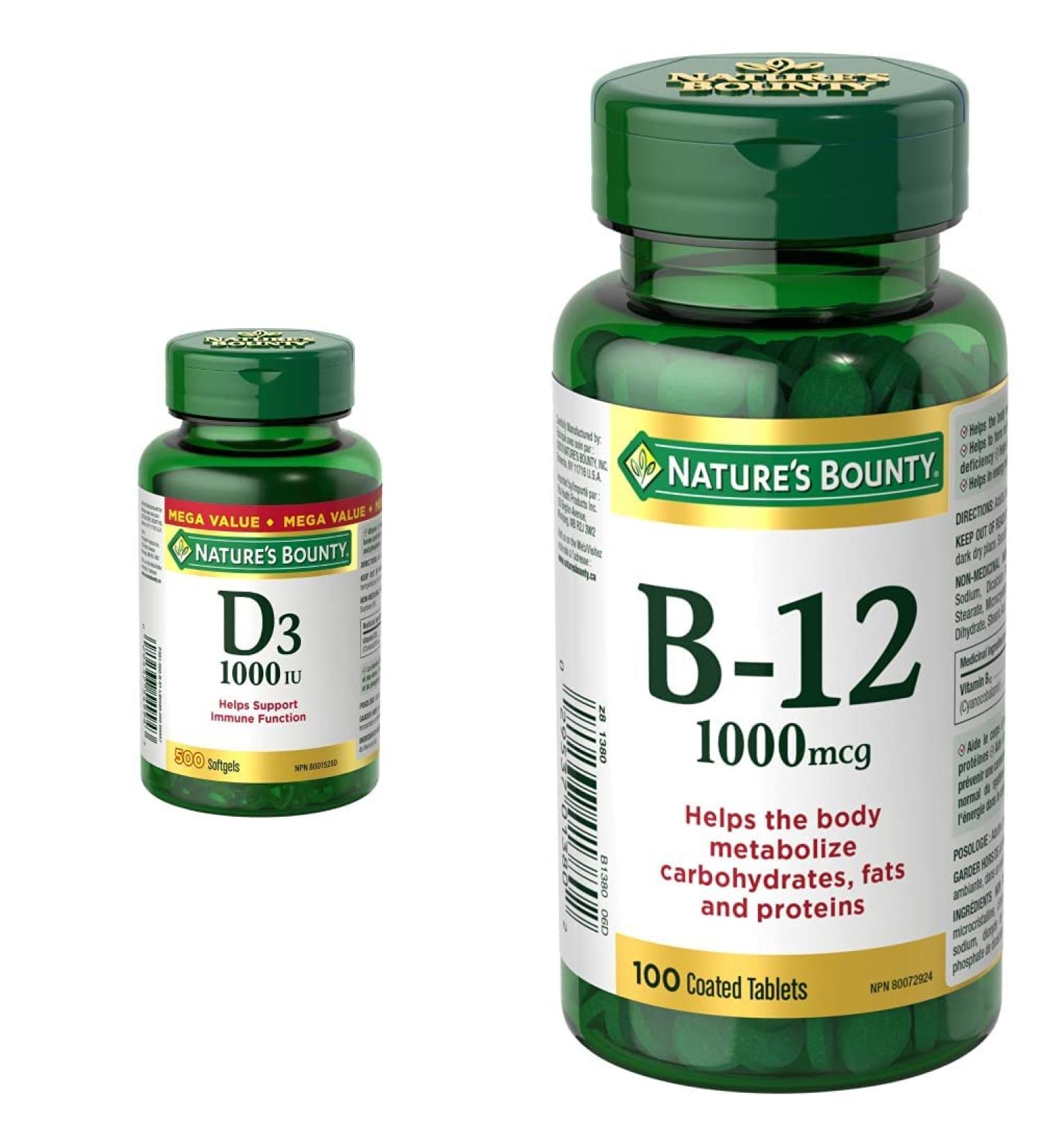 Nature's Bounty Vitamin D3 (1000IU 500 Softgels) and Vitamin B12 (1000mcg 100 Tablets) Bundle - Buy Online on GoSupps.com