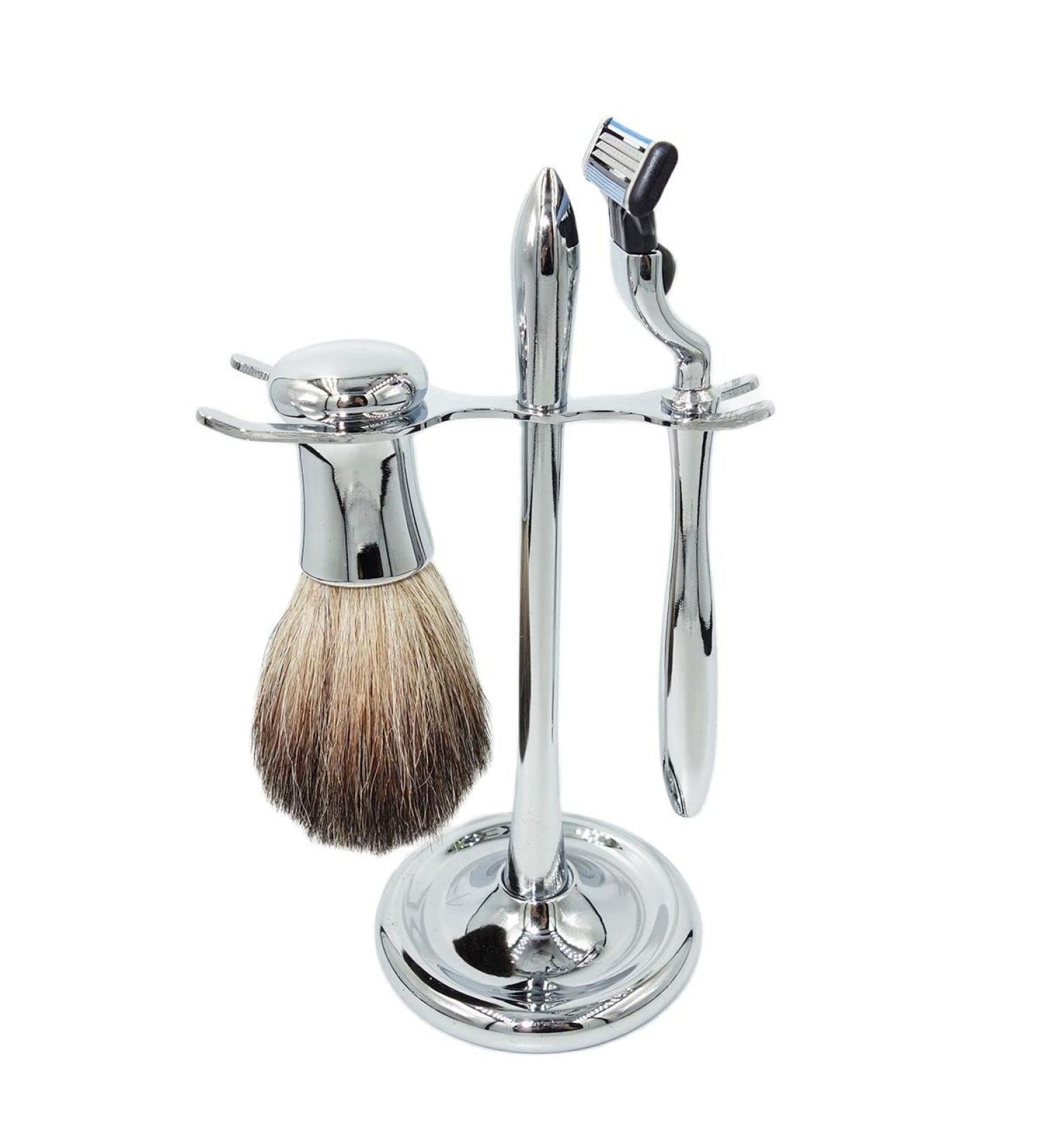 BGGIWY Men's Shaving Set - Pure Natural Roof Hair Brush Silver Chrome Handle 3-Layer Razor Blades | Premium Shaving Accessories - Buy Online on GoSupps.com