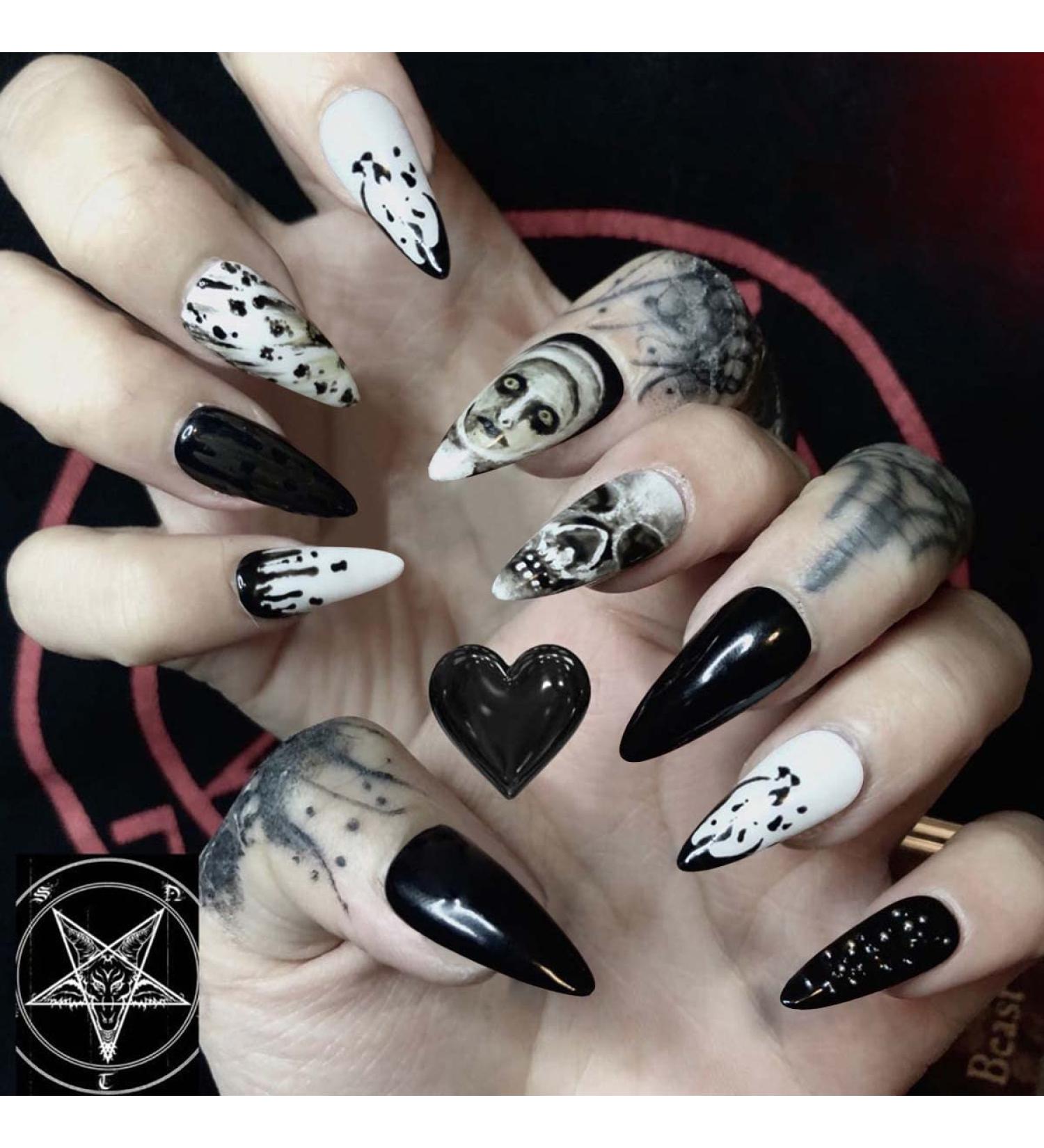 Bufenia 24 Pcs Skull Stiletto Nails - Black Halloween Almond Press-On Acrylics for Women & Girls - Buy Online on GoSupps.com