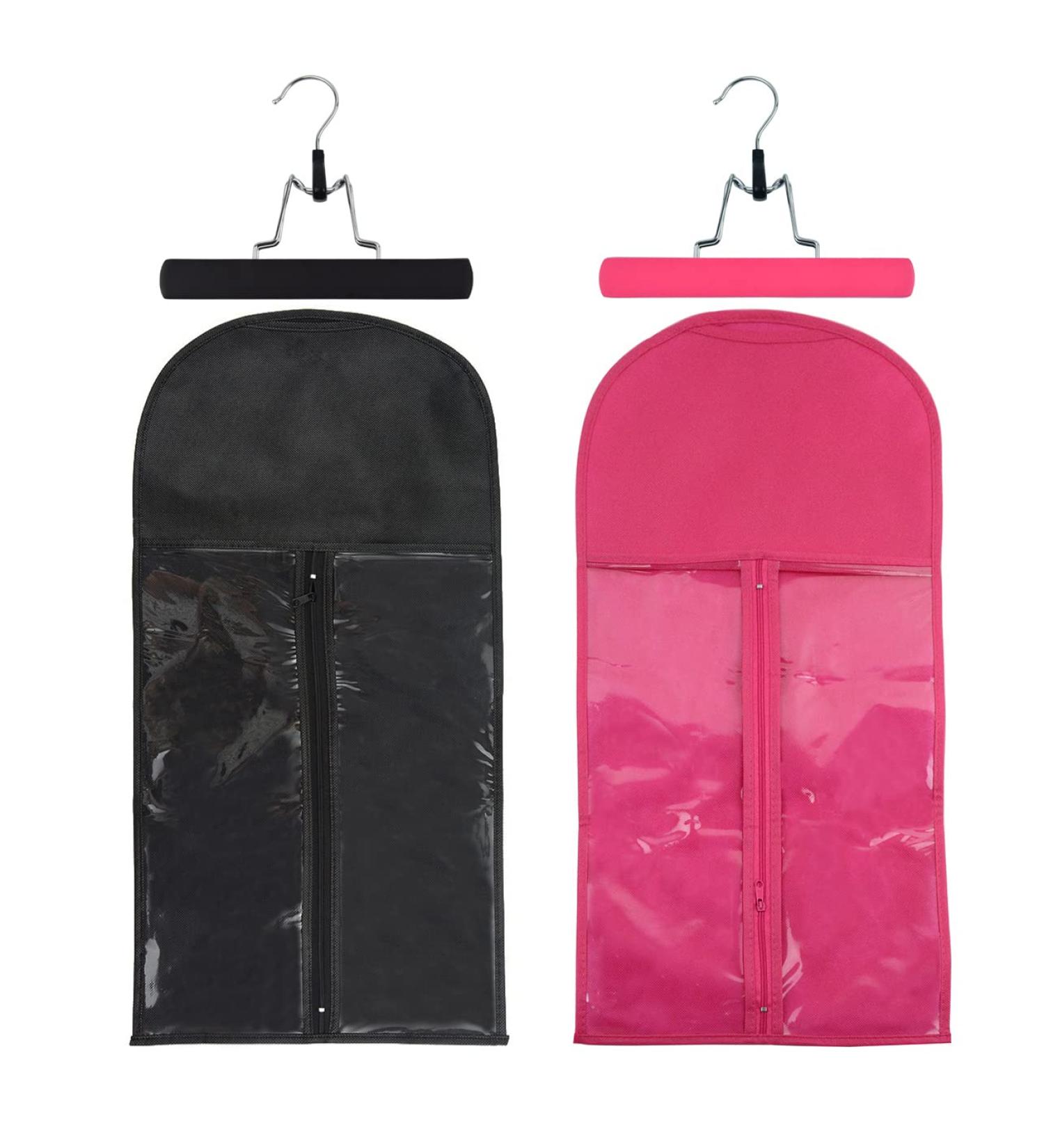 2-Piece Wig Storage Bags with Wooden Hangers - Portable Dustproof Hair Extensions Storage (Black & Pink) - Buy Online on GoSupps.com