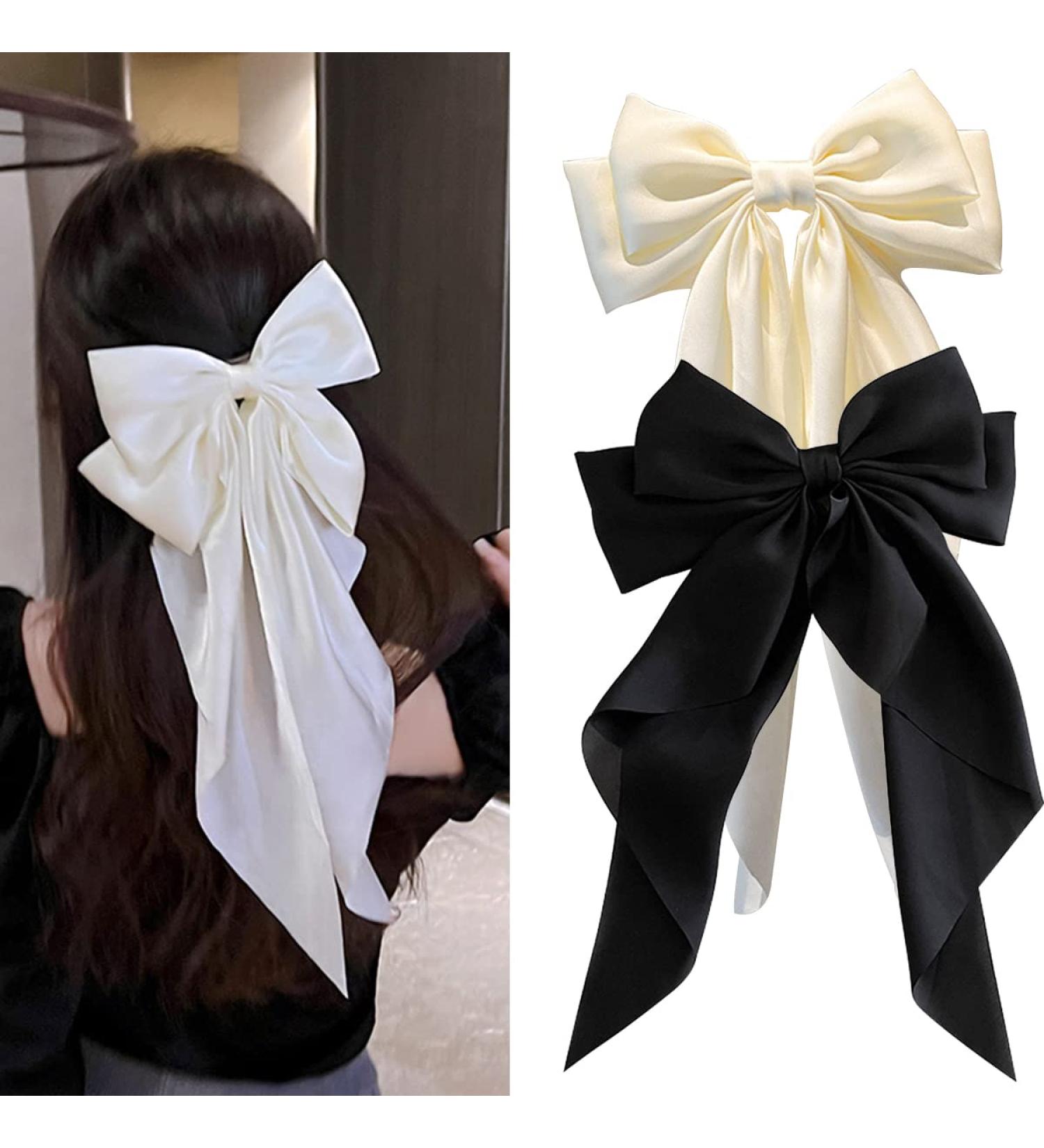 2PCS Silky Satin Big Hair Bows Black & White | French Hair Barrettes | Aesthetic Hair Accessories - Buy Online on GoSupps.com