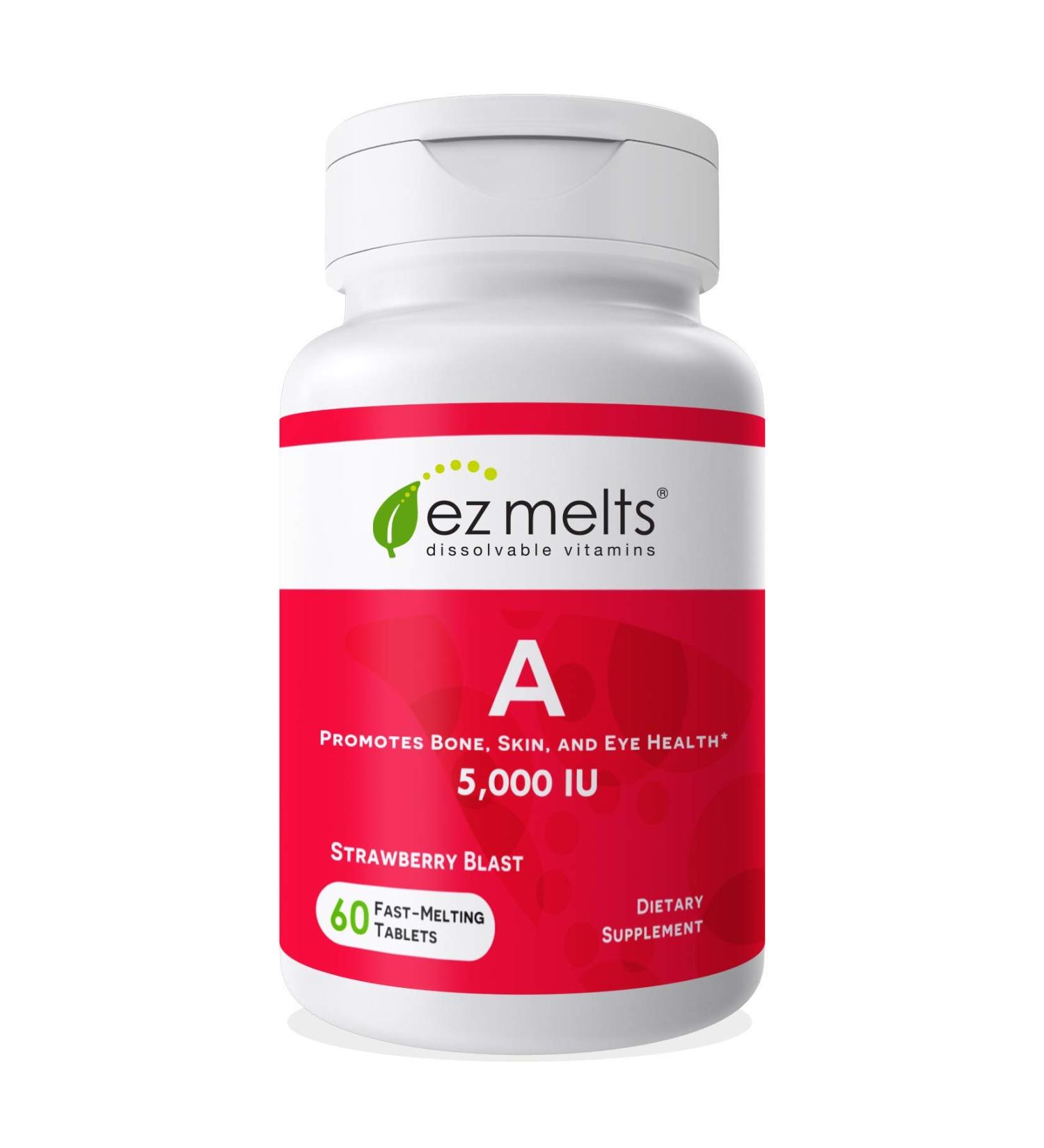 EZ Melts A as Retinol 5000 IU Immune Support Sublingual Vitamins | Vegan | Natural Strawberry Flavor | 60 Fast Dissolve Tablets - Buy Online on GoSupps.com
