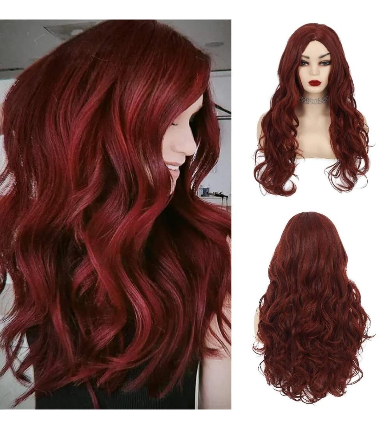 Siudus Dark Red Curly Long Wig - Burgundy Wavy Middle Part Synthetic Heat-Resistant Hair for Cosplay & Halloween - Buy Online on GoSupps.com