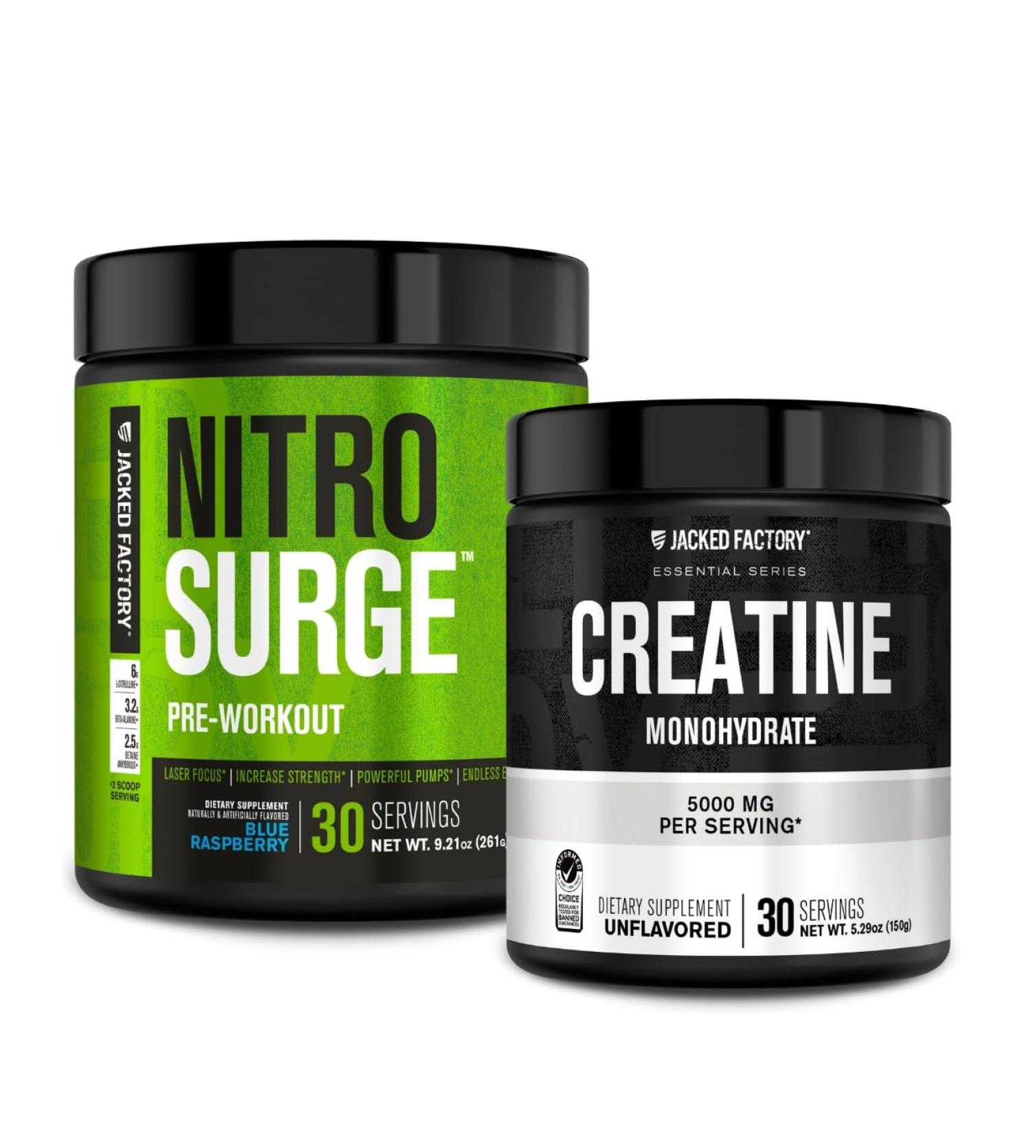 Jacked Factory NITROSURGE Pre Workout Supplement (Blue Raspberry) Creatine Monohydrate Powder 150g for Muscle Growth Increased Strength Enhanced Energy - Buy Online on GoSupps.com