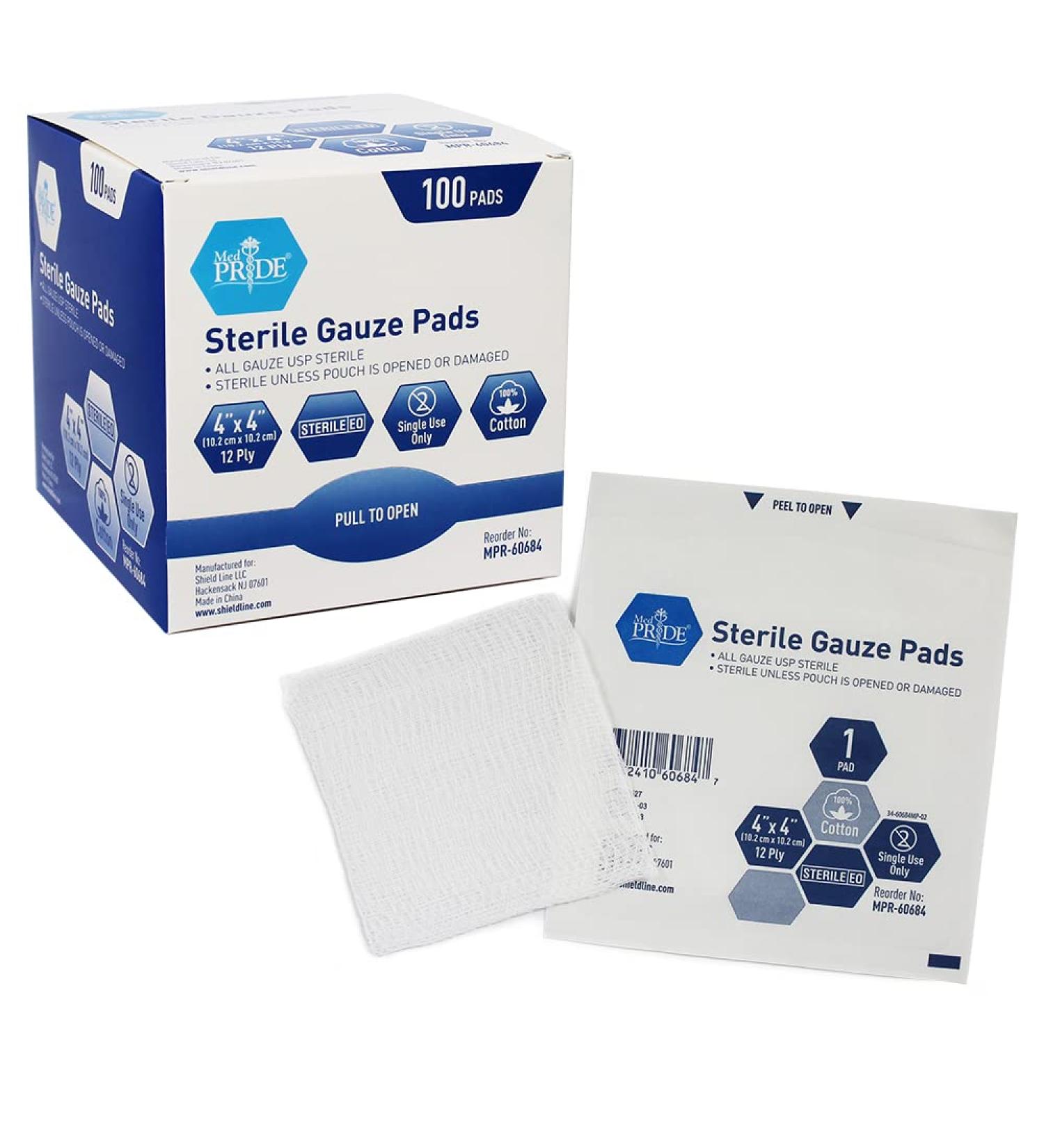 Medpride 4x4 Sterile Gauze Pads 100-Pack | 12-Ply Cotton, Highly Absorbent | Wound Care & First Aid Kit Essential - Buy Online on GoSupps.com