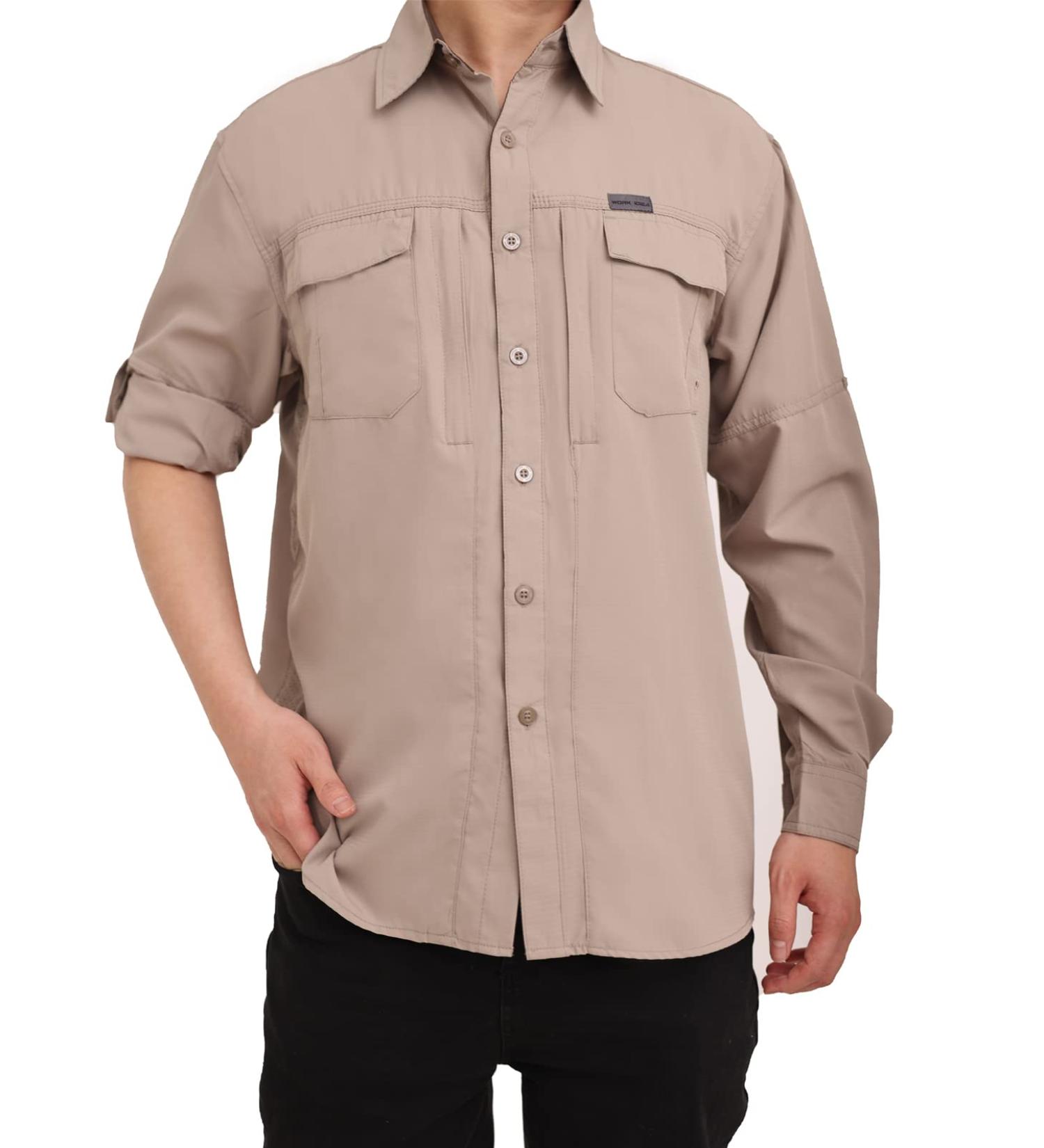 WORK IDEA Men's Sun Protection Hiking Shirt UPF 50+ UV Quick Dry Cooling Long Sleeve Fishing Shirt - Dark Beige | Size Medium - Buy Online on GoSupps.com