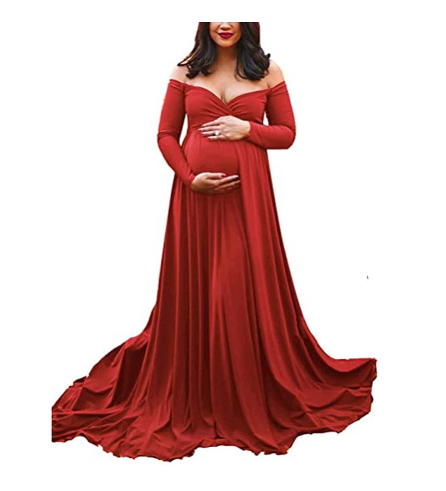 Robe de grossesse l gante pour femme enceinte - Manches longues - Col en V - Solide - Accessoire photo - Robe de f te - Robe de maternit XL Rouge - Buy Online on GoSupps.com