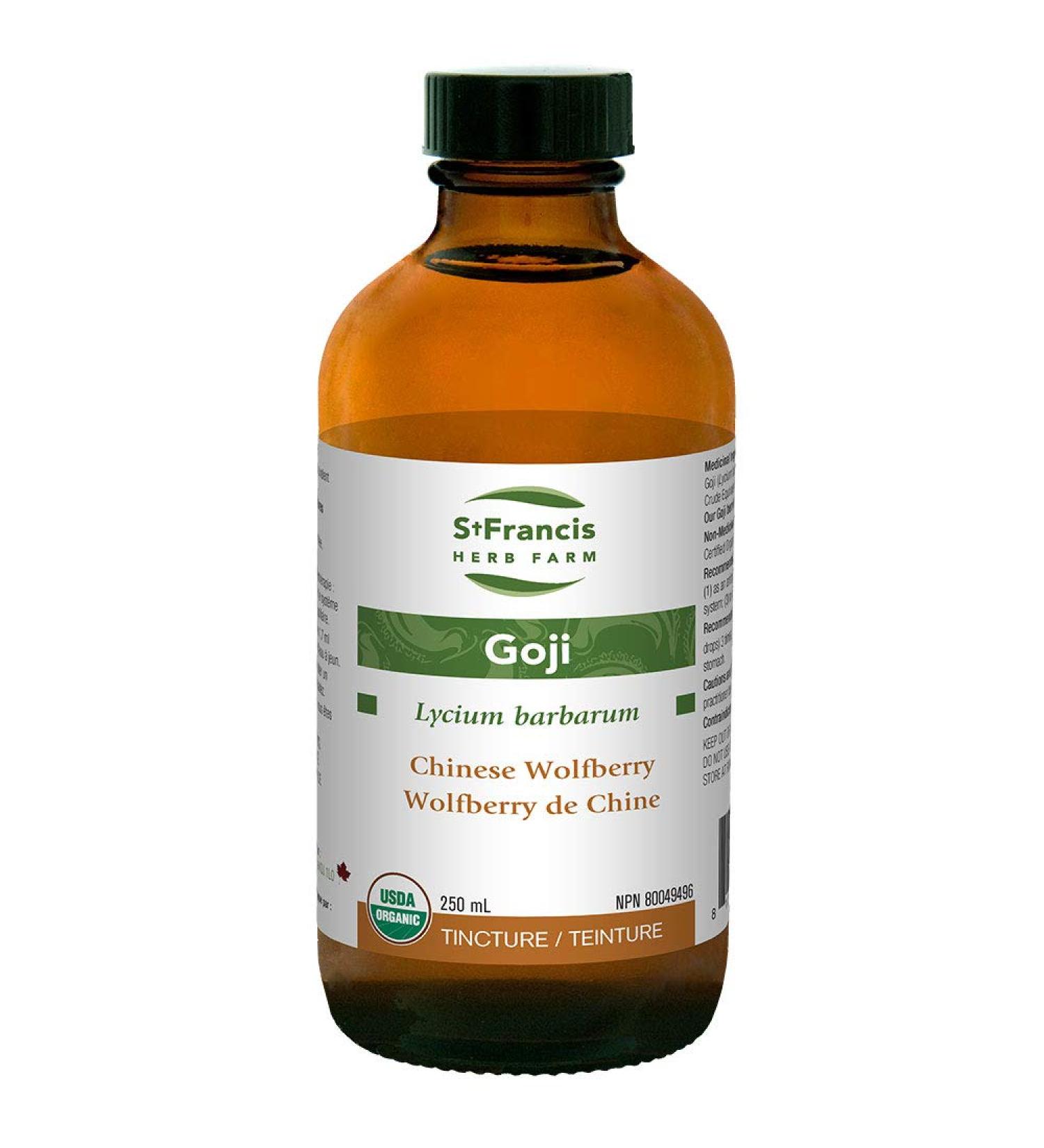 St Francis Herb Farm - Goji (Chinese Wolfberry) (Lycium barbarum berry) Certified Organic Herbal Tincture Extract used in Herbal Medicine: (1) as an antioxidant (2) to support the immune system (3) to support capillary health (250 ml)