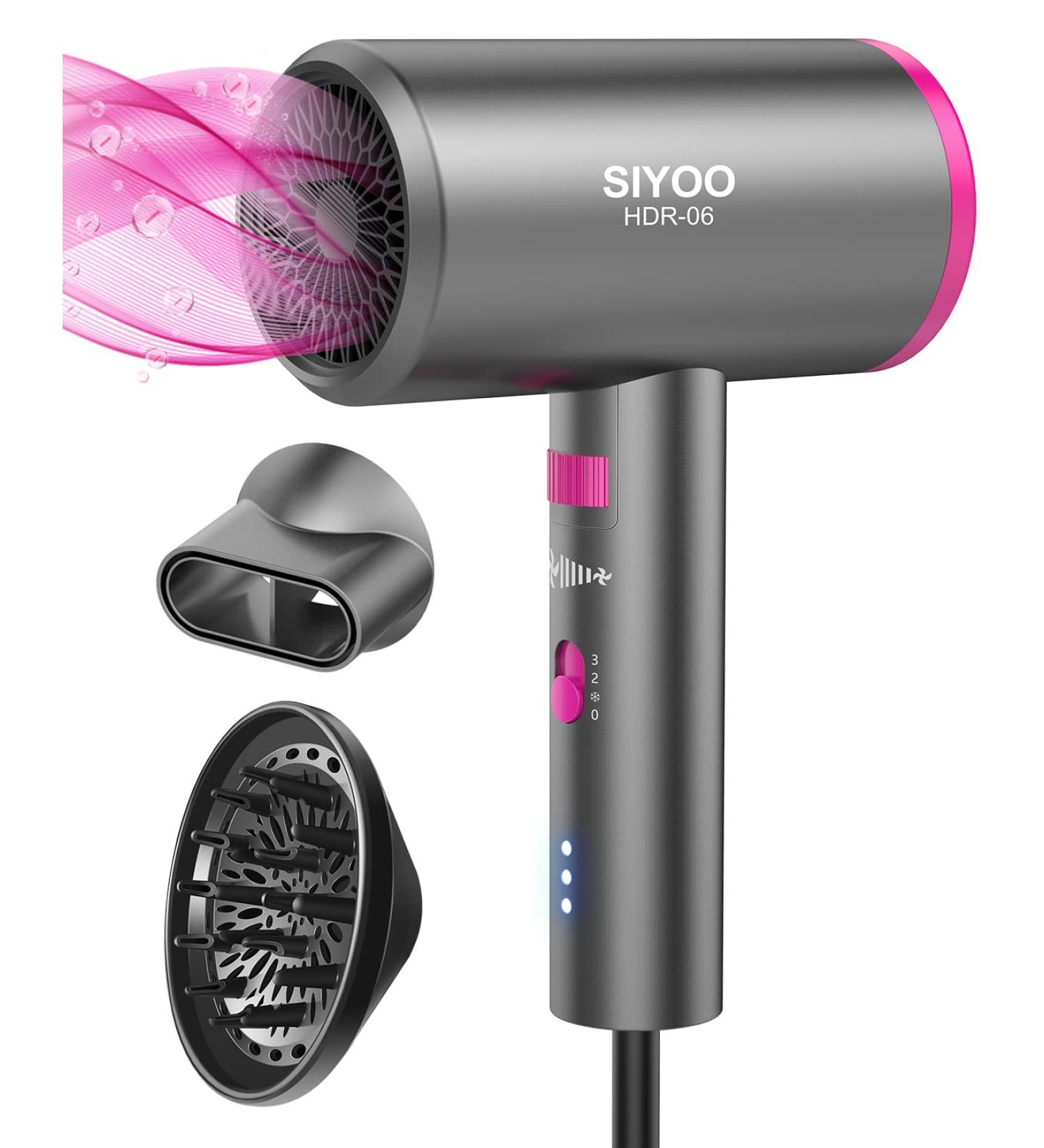 Siyoo 1600W Ionic Hair Dryer with Diffuser - Lightweight Portable Travel Hairdryer for Constant Temperature Hair Care - Grey Pink - Buy Online on GoSupps.com