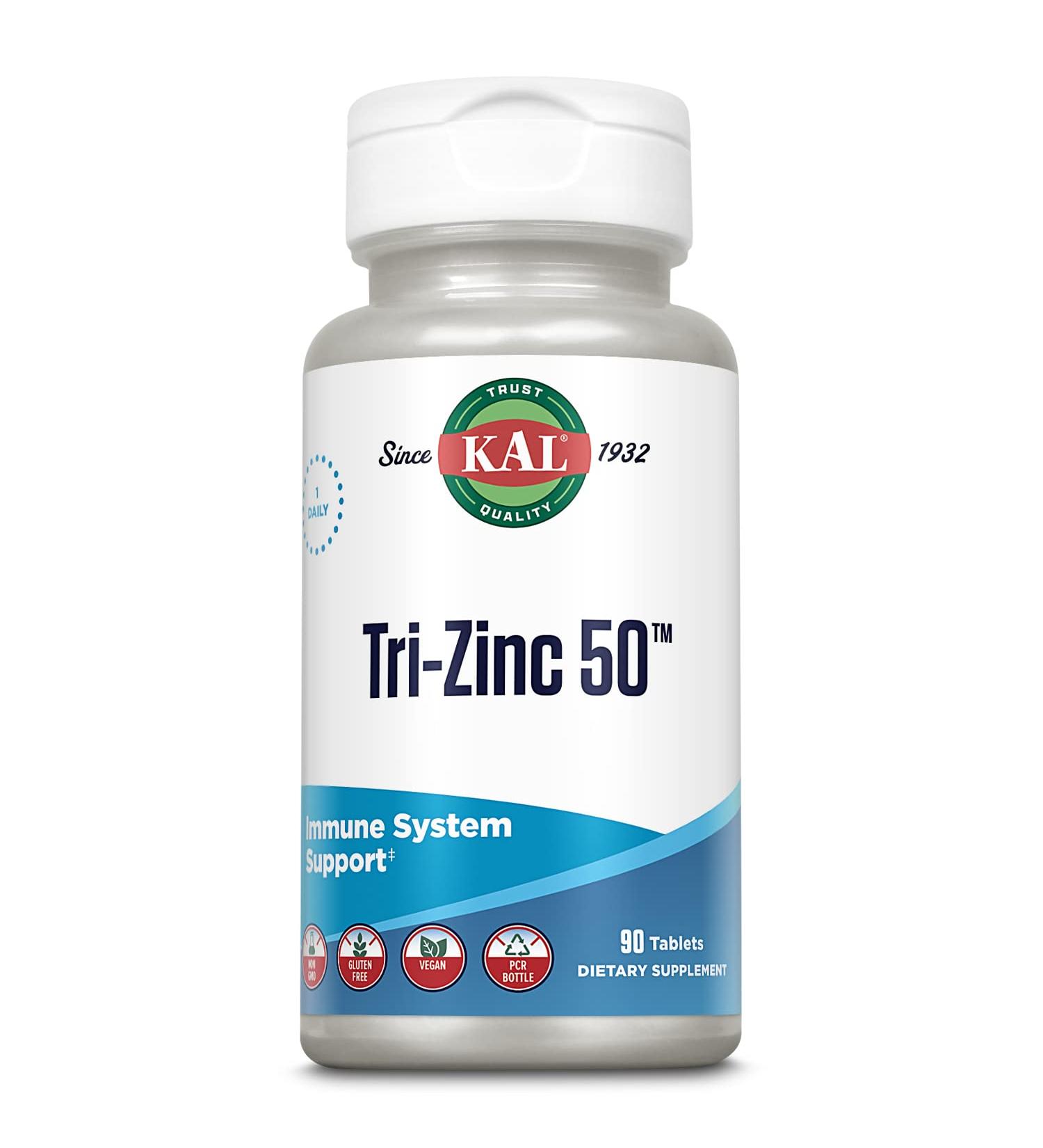 KAL Tri Zinc 50mg Supplement - Metabolism & Immune Support - Vegan & Gluten-Free - 90 Tablets - Buy Online on GoSupps.com