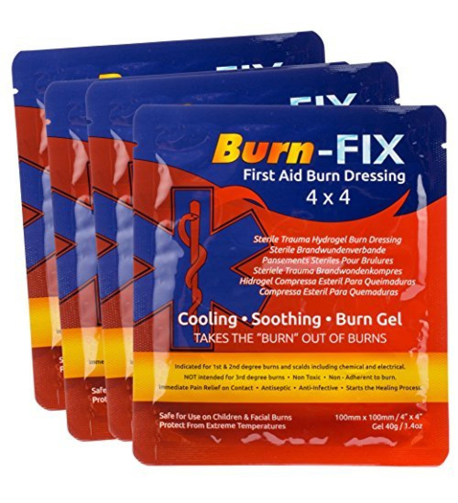 Burn-FIX 4" X 4" First Aid Burn Gel Dressing  Immediate Pain & Relief Burn Cream - Hydrogel For 1st, 2nd Degree Burns - Chemical, Razor & Sunburns - Burn Care Treatment for Home, Work & Fire | 4 Pack 1.4 Ounce (Pack of 4)