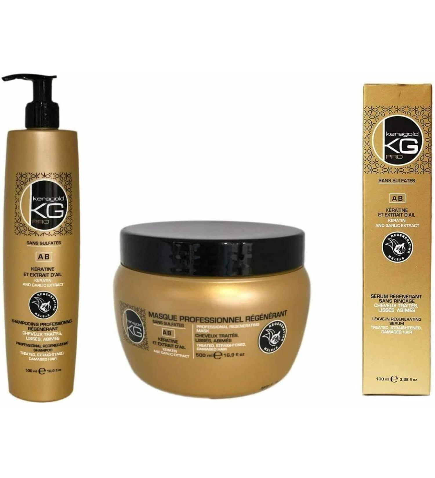 KERAGOLD PRO - Sulfate-Free Hair Care Trio Pack: Shampoo 500ml + Mask 500ml + Serum 100ml - Keratin & Garlic Extract