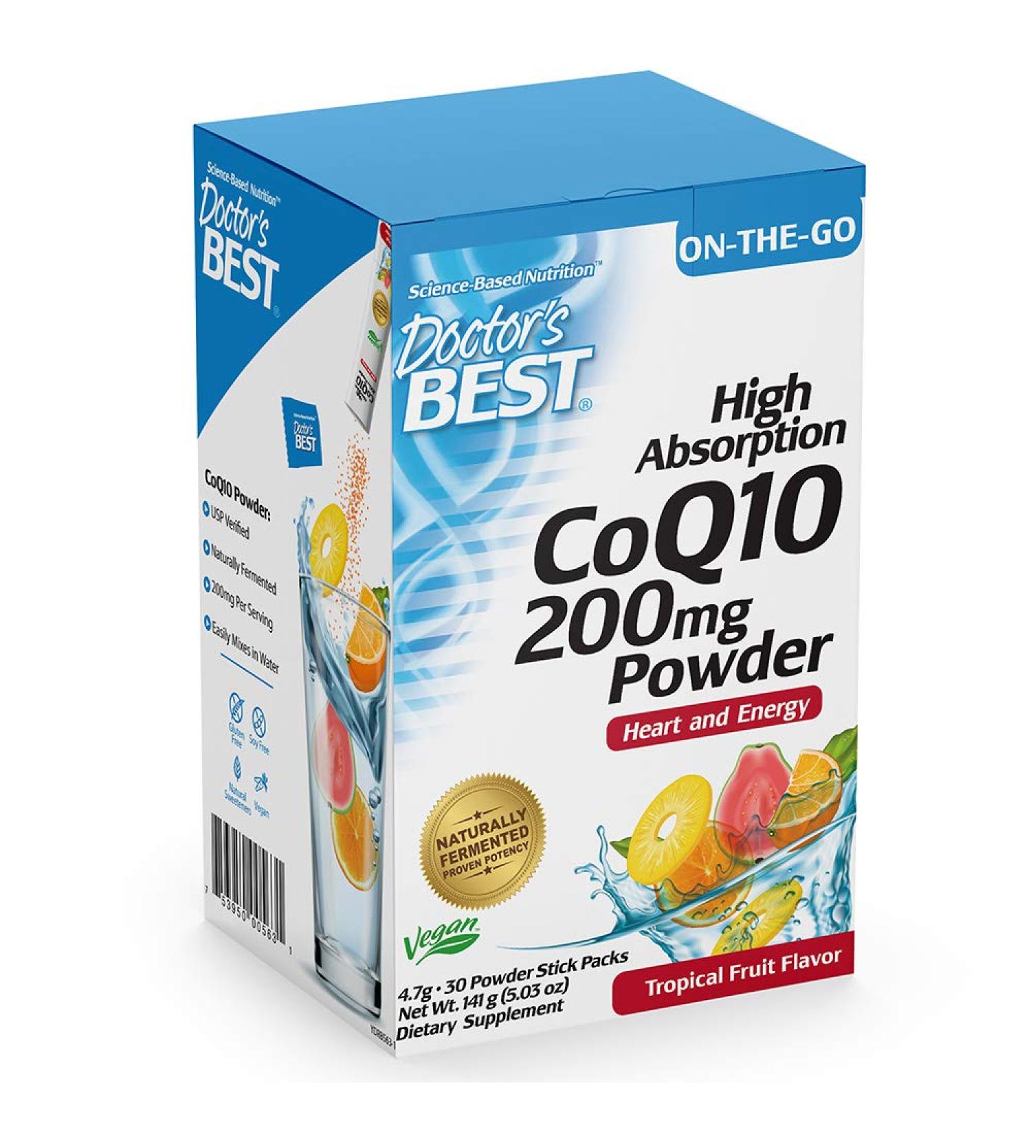 Doctor's Best High Absorption CoQ10 Powder - 200mg Tropical Fruit, 30 Stick Packs - Premium Antioxidant Support - Buy Online on GoSupps.com