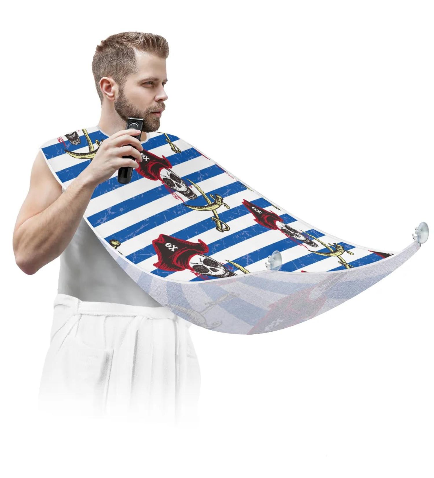 Pirate Skull Stripe Beard Bib Apron | Non-Stick Waterproof Hair Catcher for Men | Perfect Grooming Gift with Suction Cups - Buy Online on GoSupps.com