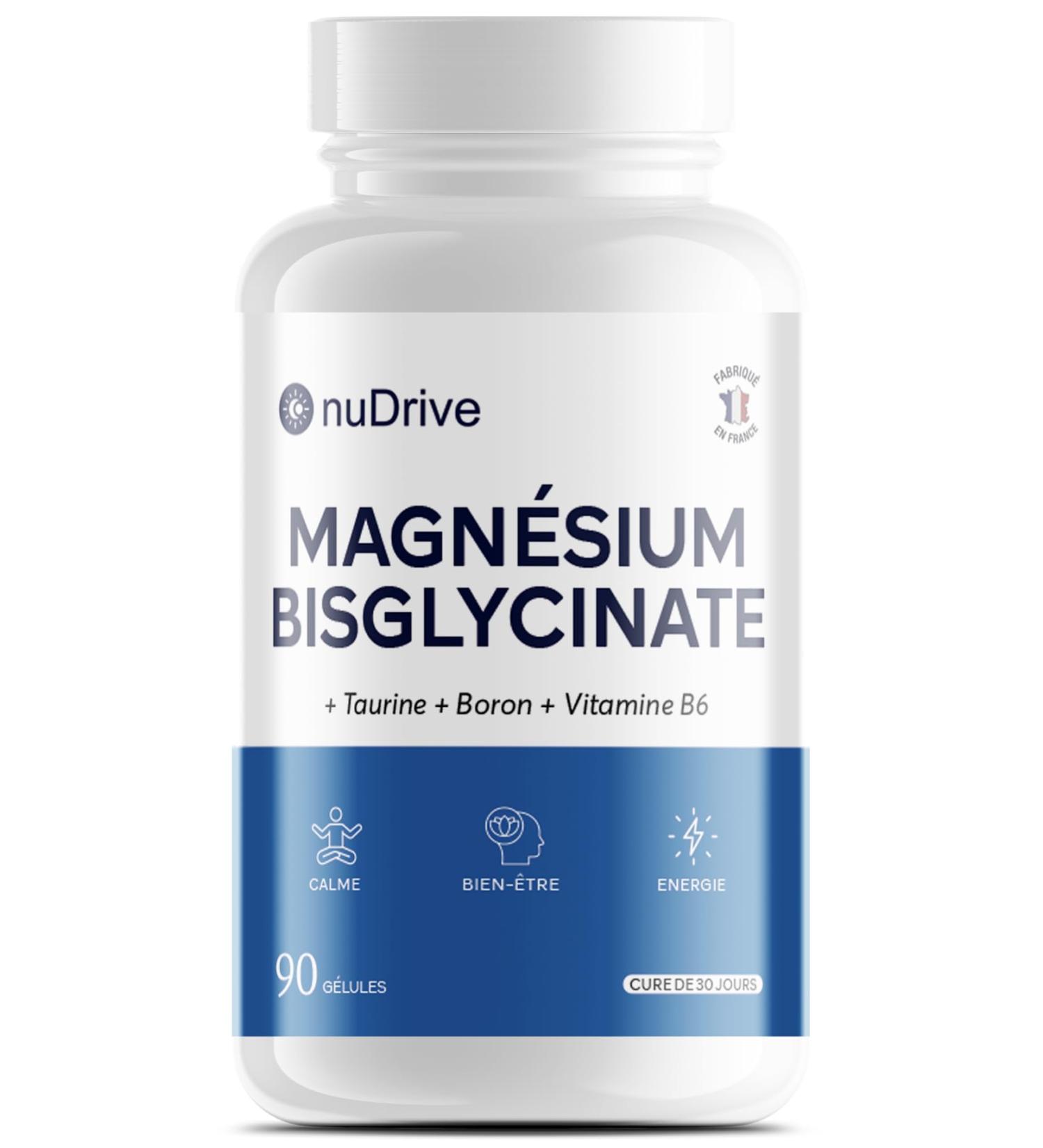 Magnesium Bisglycinate + Boron & Taurine & Vitamin B6-300mg/dose - Highly absorbable - Anti-stress/fatigue - Bone health - Hormonal balance - 100% French - 30 Day Cure - Buy Online on GoSupps.com