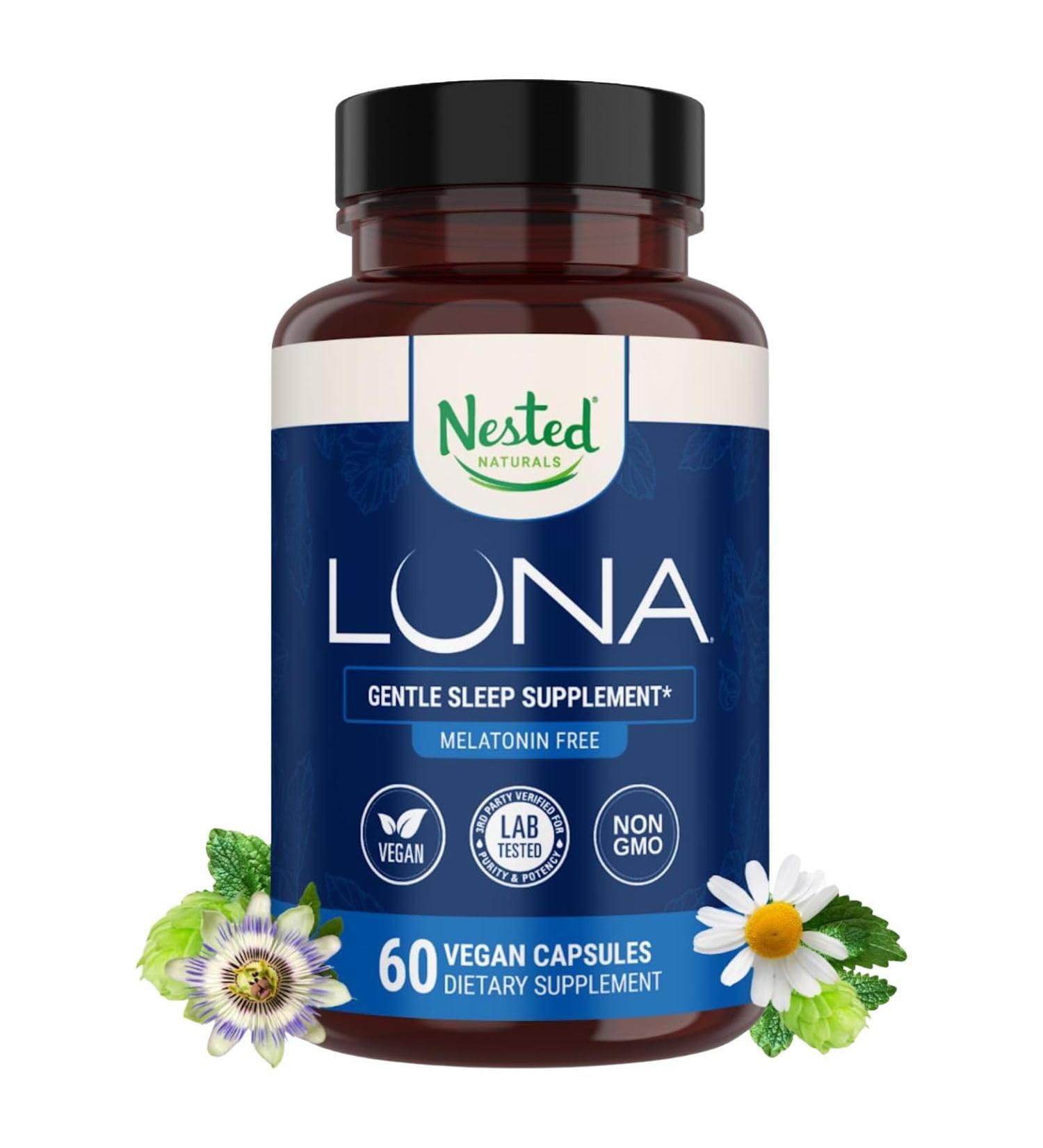 Nested Naturals Luna Sleep Supplement Melatonin Free Non-Habit Forming Herbal Sleep Supplement Adult Bedtime Support Help Sleeping w/Chamomile Valerian L-Theanine 60 Vegan Capsules Luna Herbal Melatonin Free - Buy Online on GoSupps.com