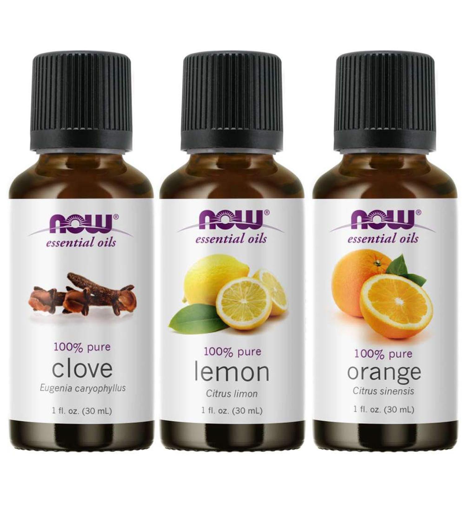 NOW Foods 3-Pack Variety of Essential Oils Blues Relief Blend - Orange Clove lemon 1 Ounce