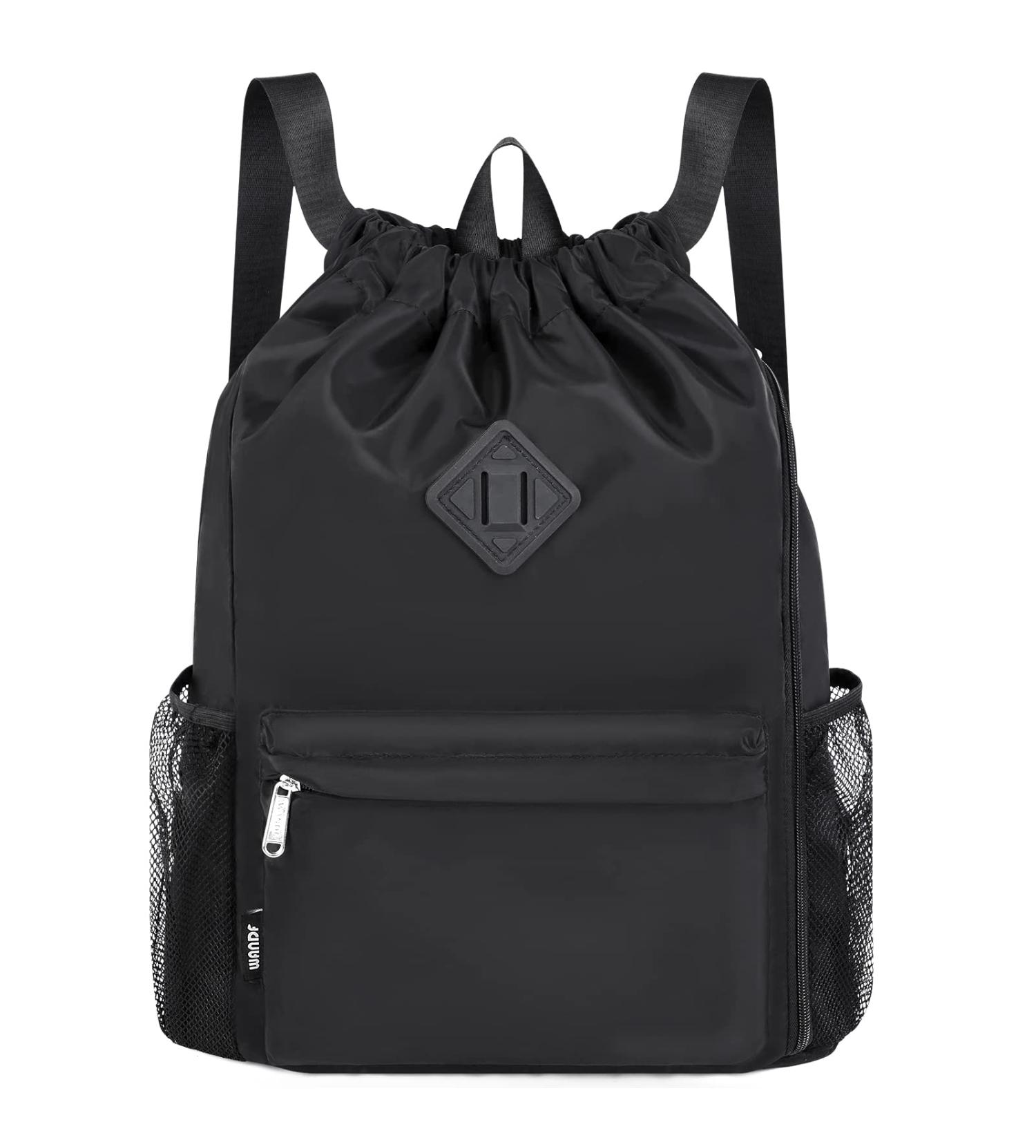 WANDF Drawstring Backpack Sports Gym Bag with Shoes Compartment - Water-Resistant Cinch String Backpack for Men and Women (Large Black) - Buy Online on GoSupps.com