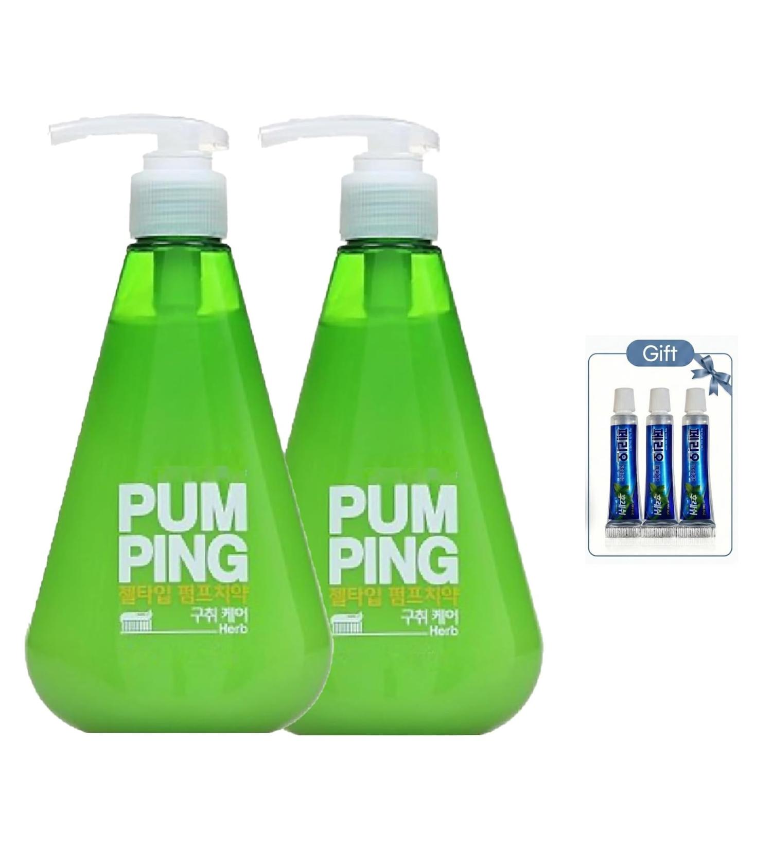 Pumping Toothpaste Herb Flavor Gel Type Tartar Care & Fresh Breath Pump Dispenser Made in Korea 10.05 oz (285g) x 2 Pack + Bonus 3 Travel Minis (5g)