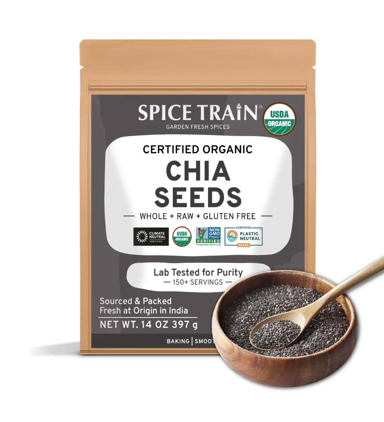 Organic Chia Seeds with Omega-3 (397g/14oz) - USDA Organic, Raw & Rich in Fibers | Ideal for Smoothies - Spice Train - Buy Online on GoSupps.com