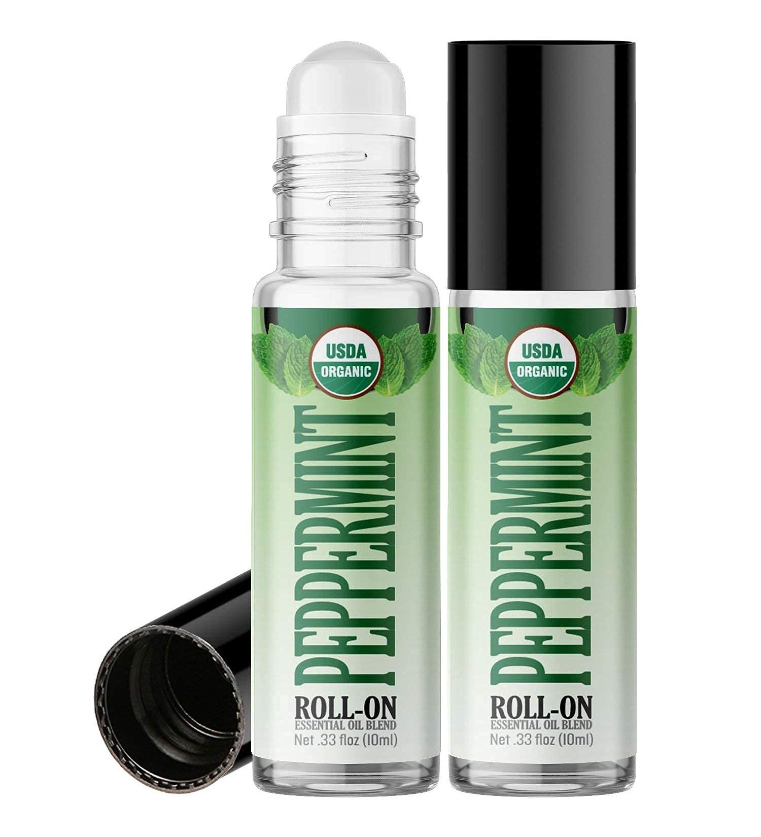 Organic Peppermint Roll On Essential Oil RollerBall (2 PACK - USDA CERTIFIED ORGANIC) Pre-diluted with Glass Roller Ball for Aromatherapy, Kids, Children, Adults Topical Skin Application - 10ml Bottle