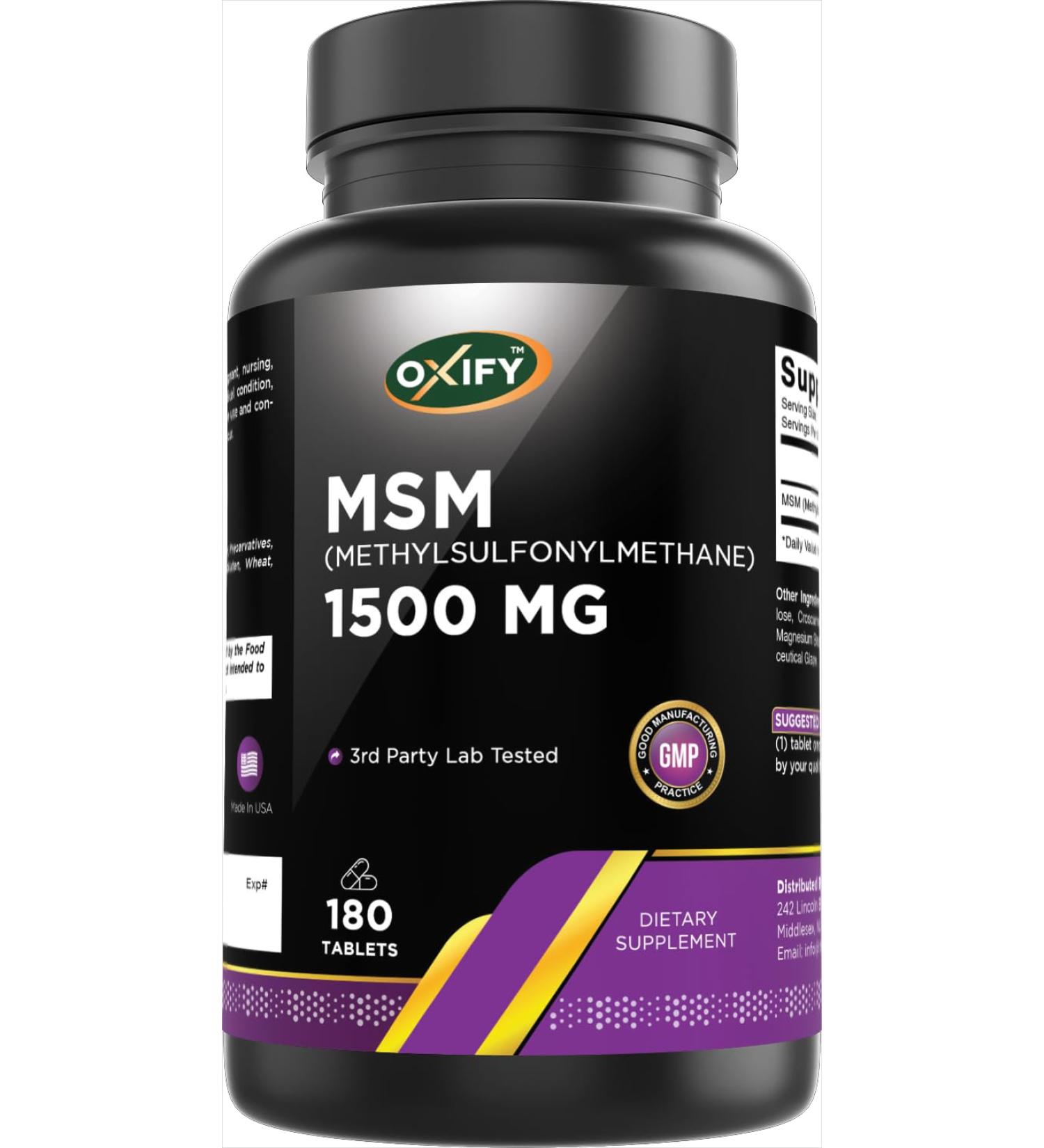 Oxify MSM 1500 mg (Also Called (Methylsulfonylmethane) | 180 Tablets | Gluten-Free Non-GMO | Supplement Made in USA - Buy Online on GoSupps.com
