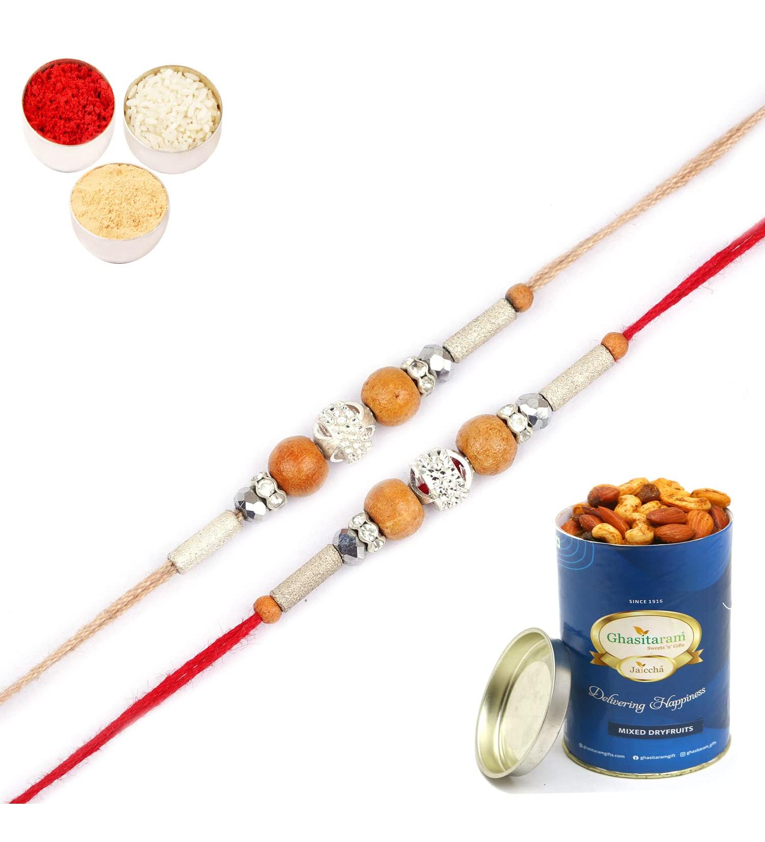 Ghasitaram Gifts Rakhi for Brother Rakhis Online - Set of 2-Nbh206 Rakhis with 100 GMS of Dryfruits Mix Can Rakhi with 100 gms of Dryfruits Mix Can - Buy Online on GoSupps.com