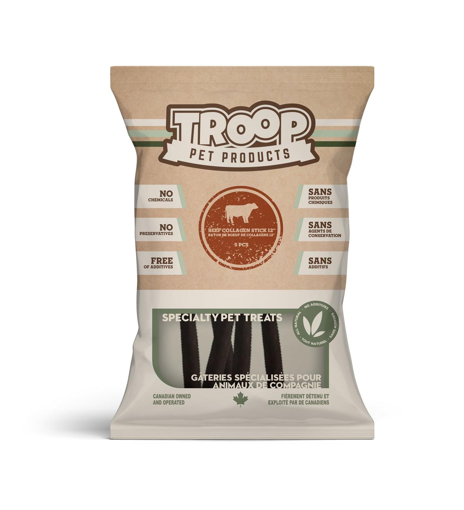 Troop Pet Products Beef Collagen Stick Natural Single Ingredient Dehydrated Dental Chew 12" (Pack of 5)