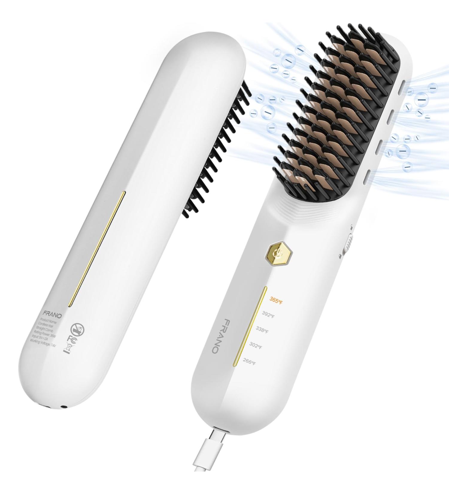 FRANO Cordless Hair Straightener Brush - Portable Mini Hot Comb for Travel Fast Heating & Negative Ions - USB & Type-C Charging - Lightweight & Stylish (White - Buy Online on GoSupps.com